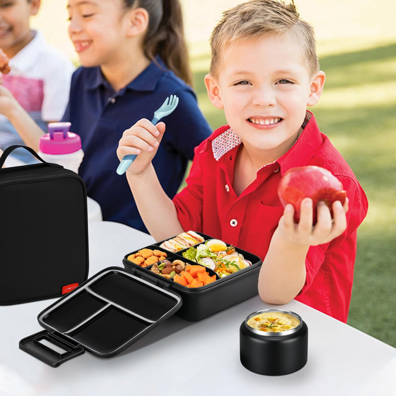 JXXM Lonchera Bento para niños con sopa térmica de 8 onzas, recipientes de almuerzo a prueba de fugas con 5 compartimentos, tarro térmico de alimentos y bolsa de almuerzo, contenedores de alimentos