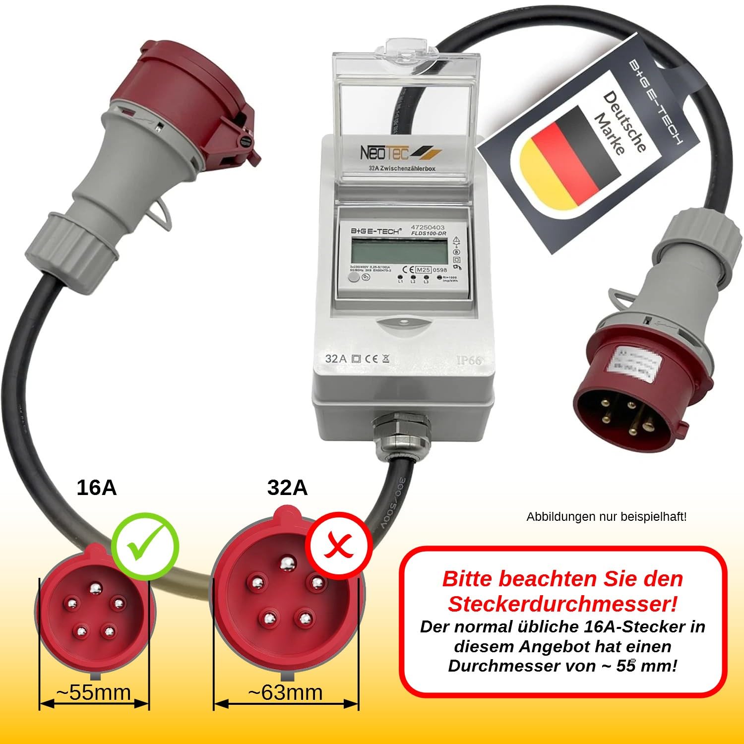 B+G E-Tech CEE 16A 400V Mobile Stromzähler Box Digitaler Zwischenzähler mit Reset-Funktion MID Zertifiziert
