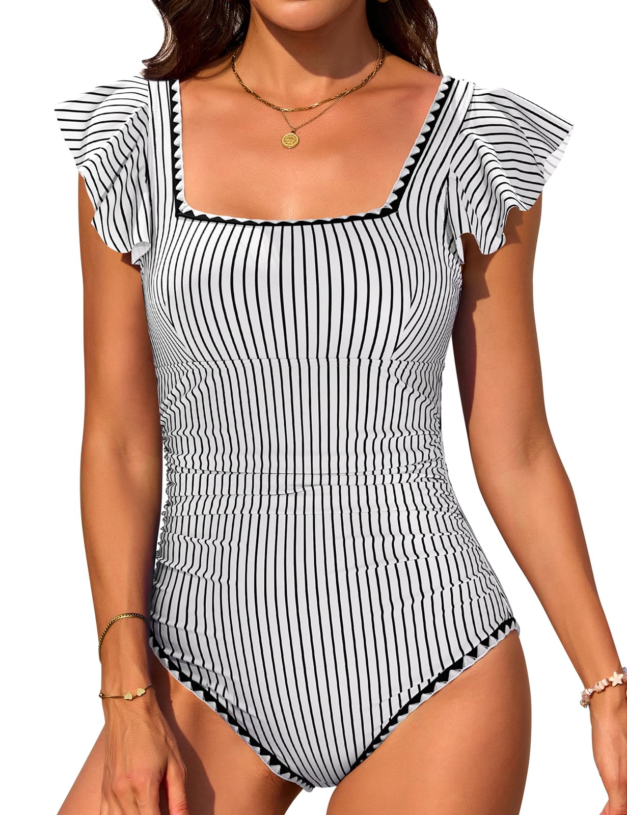 FemiChic Damen Einteiler Bauchweg Badeanzug mit Rüsche Quadrat Ausschnitt und Kreuzrückenfederung Adjust Hoch taillierter Monokini Push Up Cut-Out Detail für Strand Pool