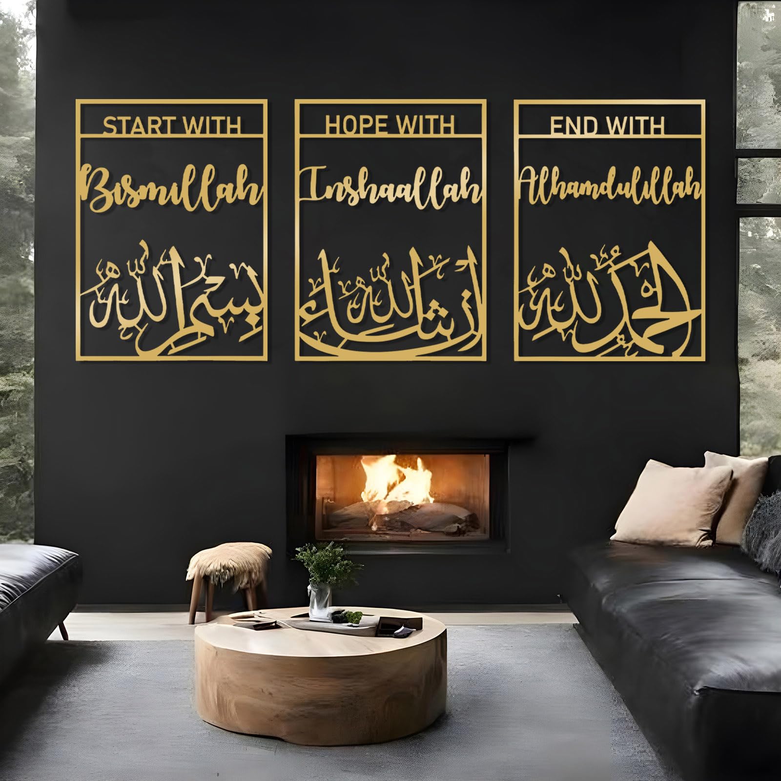 Generisch Metall-Wandkunst Bismillah Inşhaallah Metall-Wanddekor Alhamdulillah Wandkunst-Set mit 3 islamischen Wanddekorationen Großer islamischer Wandbehang Arabische Kalligrafie-Dekoration