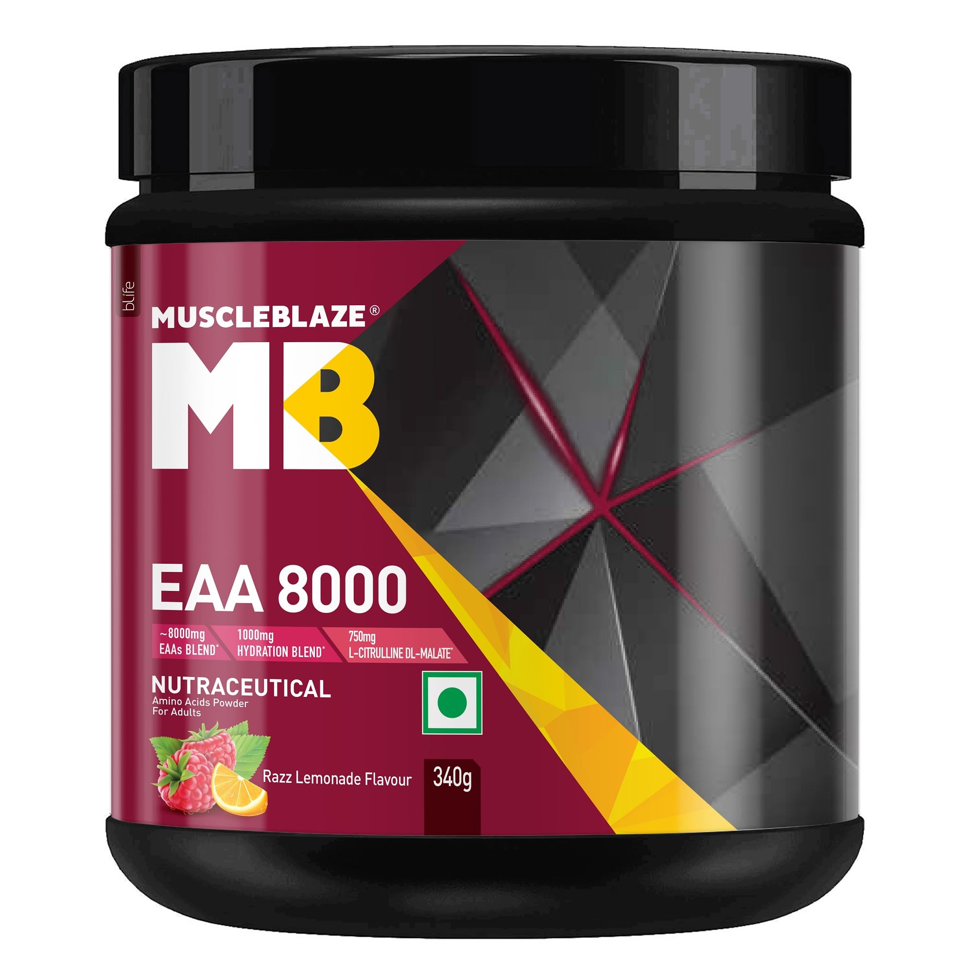 MuscleBlaze EAA 8000 Powder (Razz Lemonade, 340g, 25 Servings) | 8000mg EAAs Blend, 1000mg Hydration Blend | 750mg L-Citrulline