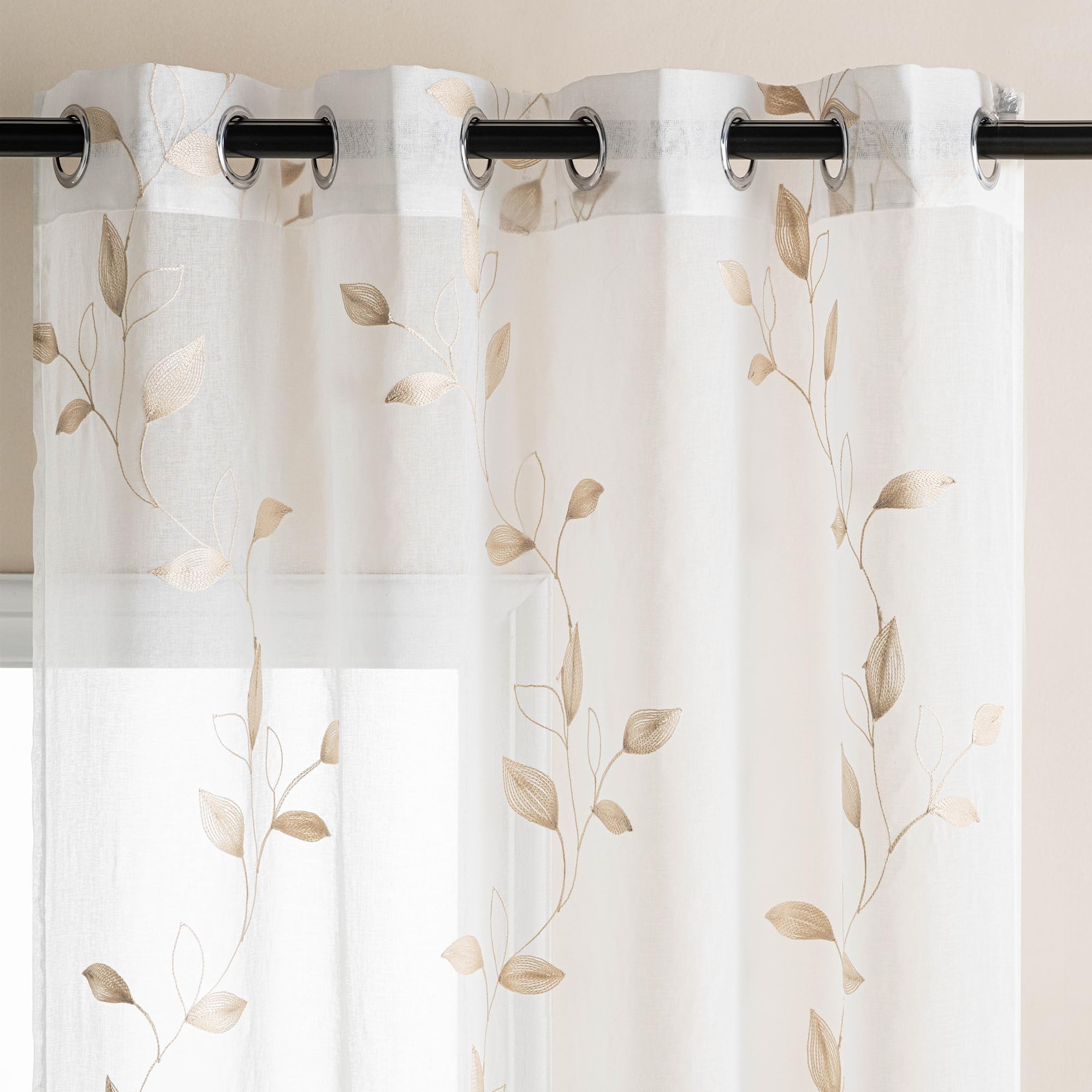 DWCN Embroidery Sheer Curtains Decoration Flora Design Grommet Window Curtain Semi Voile Drapes with Eyelets Window Treatments for Living Room Bedroom 2 Panels 52" W x 88" L Beige