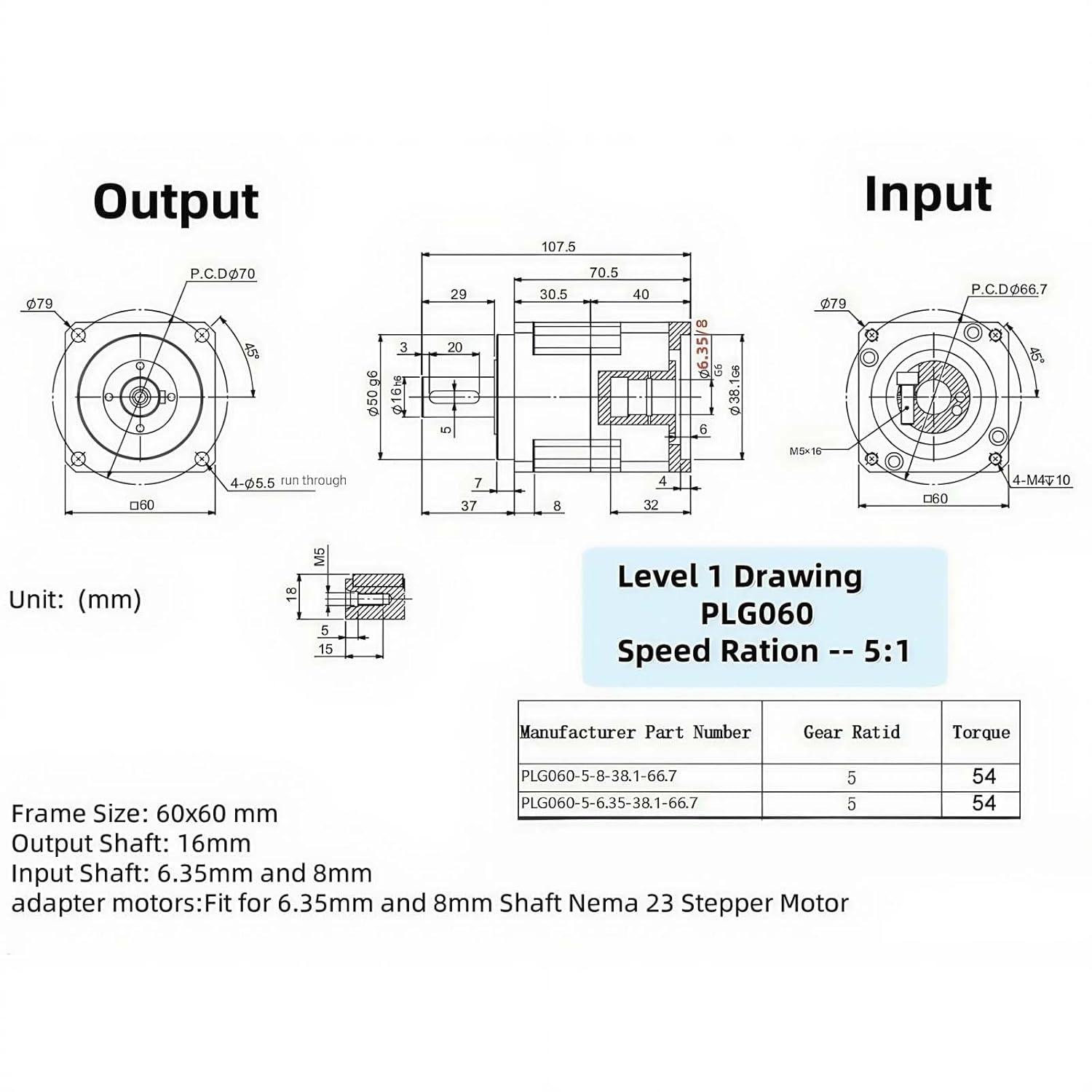 Nema 23 Planetary Gearbox Gear Ratio 5:1 Speed Reducer Backlash < 3 Arcmin 4000RPM Gear Head for 6.35mm/8mm Input Shaft Nema23 Stepper Motor, Reduction Box for CNC Router