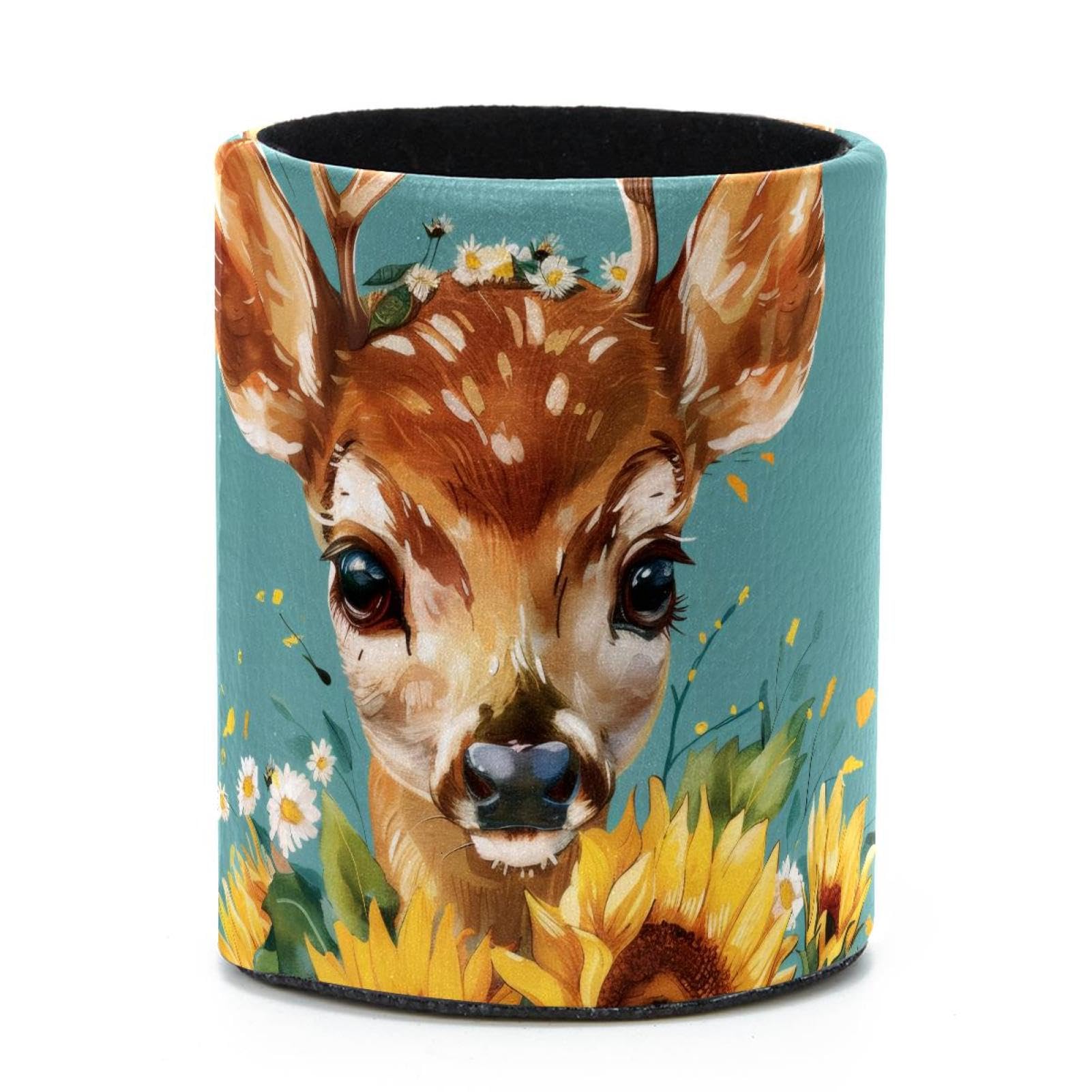 VAPOKF Round Pencil Holders for Desk, Deer Sunflowers Pen Holders Pen Pot Makeup Brushes Storage Desktop Stationery Supplies Organiser for Home Office