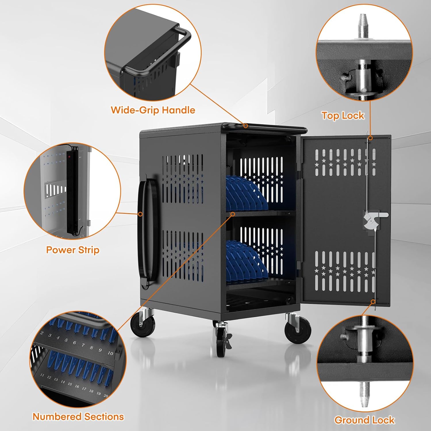 Pre-Assembled American Style Heavy-Duty 20 Bay Laptop Charging Cart for School Classroom Storing and Charing 20 Chromebook, Laptop, and Tablet