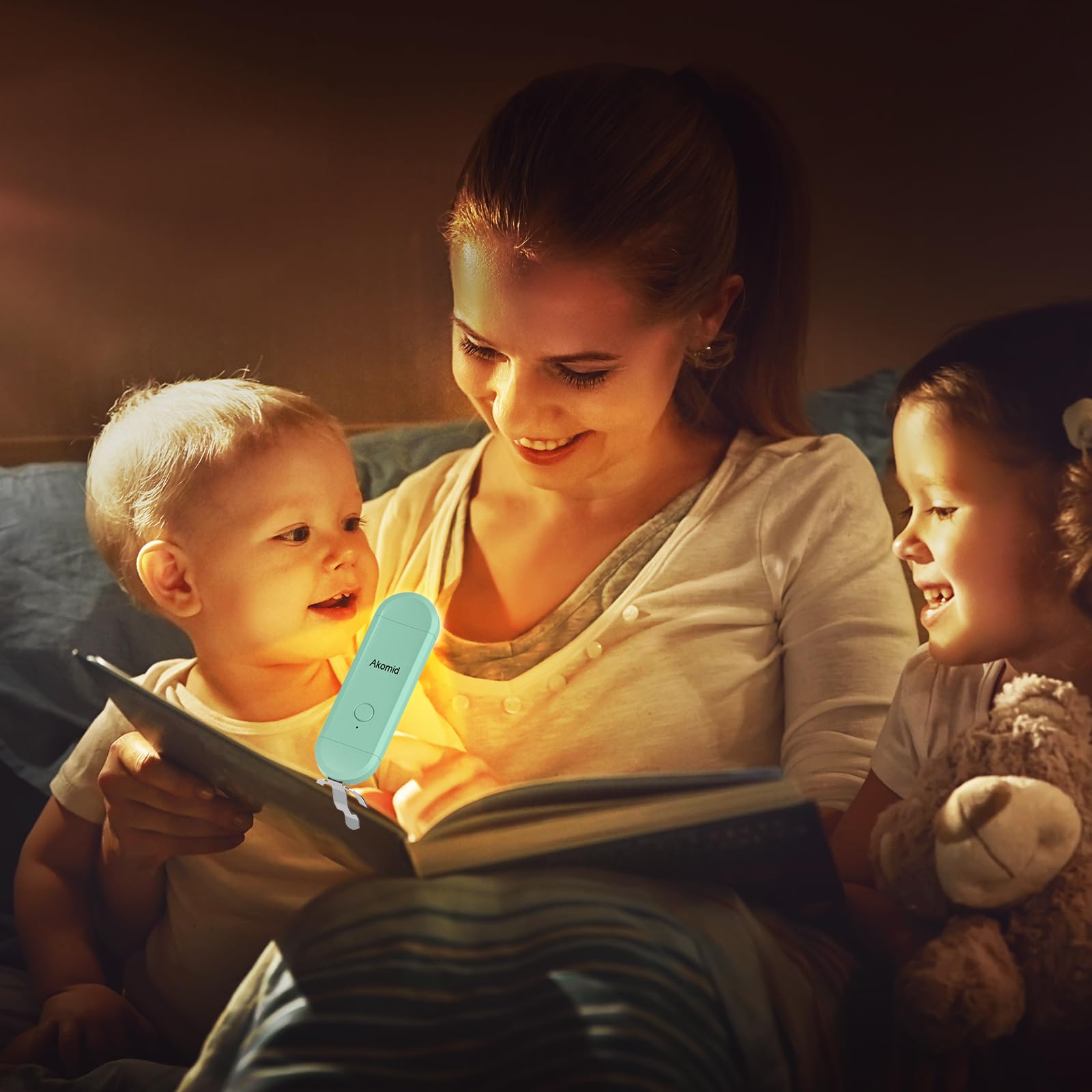 Akomid Lampe de lecture rechargeable par USB, à clipser, lumière ambrée pour lire au lit des enfants, 8 LED, intensité variable en continu, turquoise