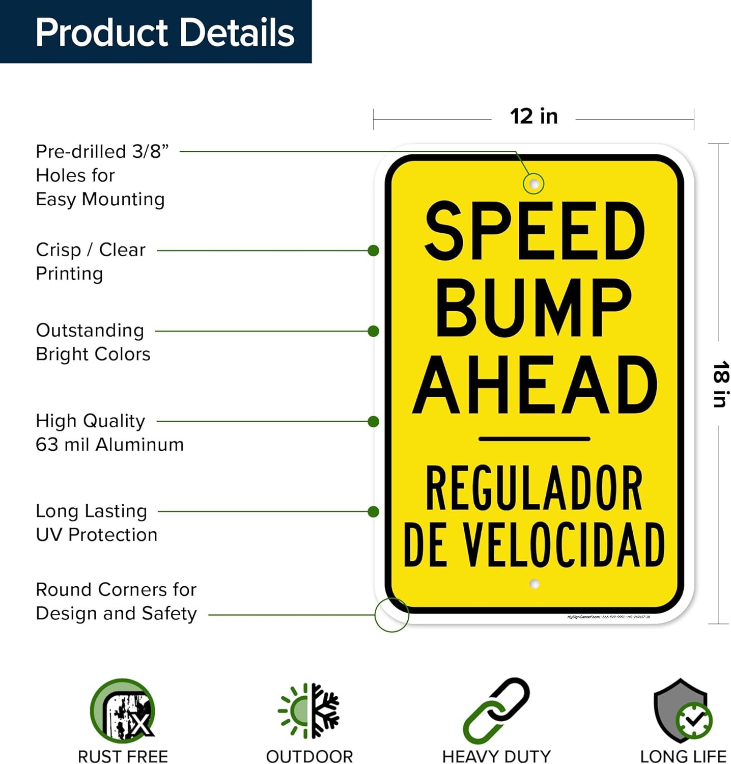 Speed bump Ahead Bilingual Sign, 12x18 Inches, Rust Free .063 Aluminum, Fade Resistant, Made in USA by My Sign Center