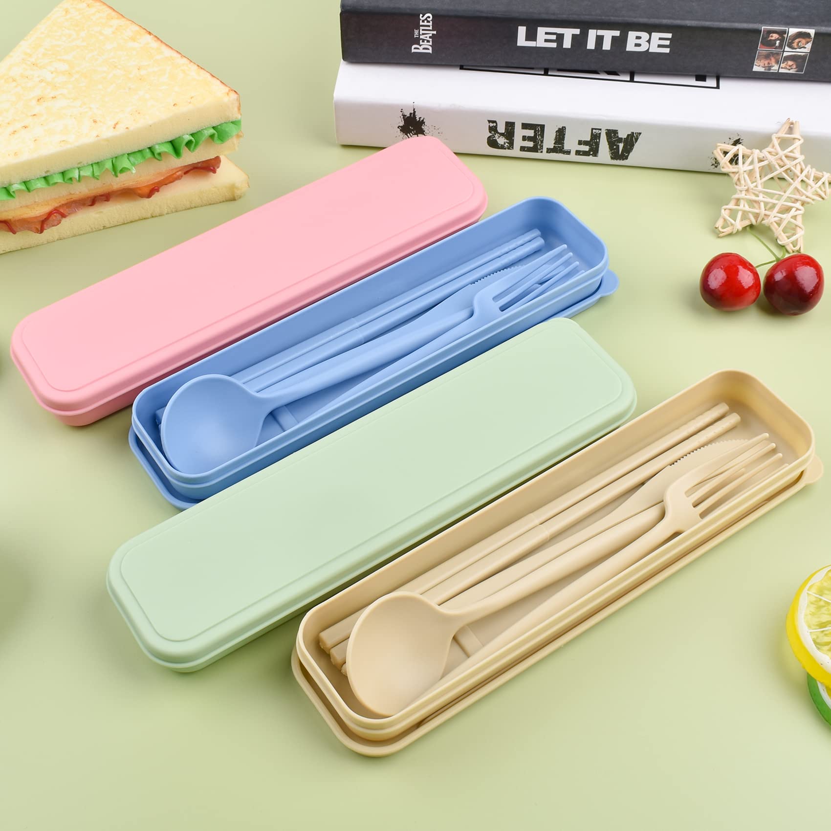 Portable Plastic Cutlery with Case, Reusable Utensils Set for Adults?Travel Spoon Chopstick Forks Tableware, Great for Celebrate Holidays Picnics Travel and Daily Use (4 pcs)