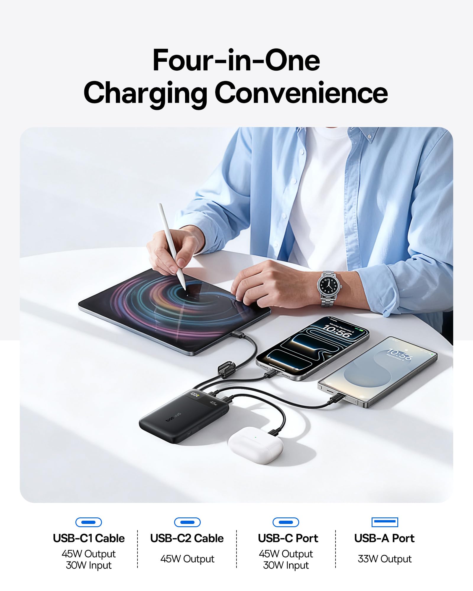 Baseus FC11 Powerbank 45 W, 10 000 mAh, z 2 wbudowanymi kablami USB-C, Power Bank Klein certyfikat CCC z wyświetlaczem LED, zewnętrzne akumulatory do telefonów komórkowych Mini do iPhone 17/16/15/14