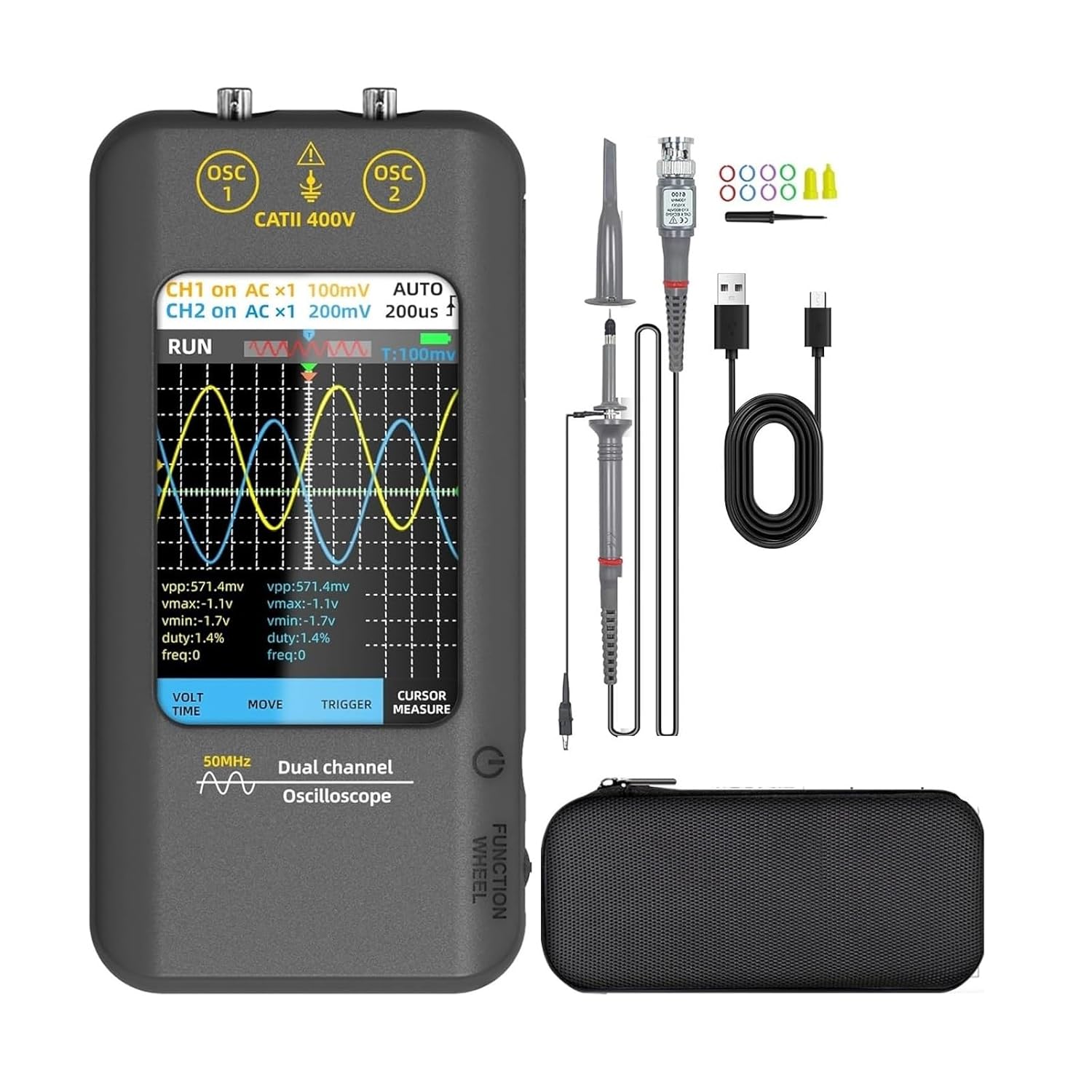Touch Screen Digital Oscilloscope+Signal Generator Dual Channel Bandwidth :50Mhz Sampling Rate :250MSa/s 3.98 inch TFT