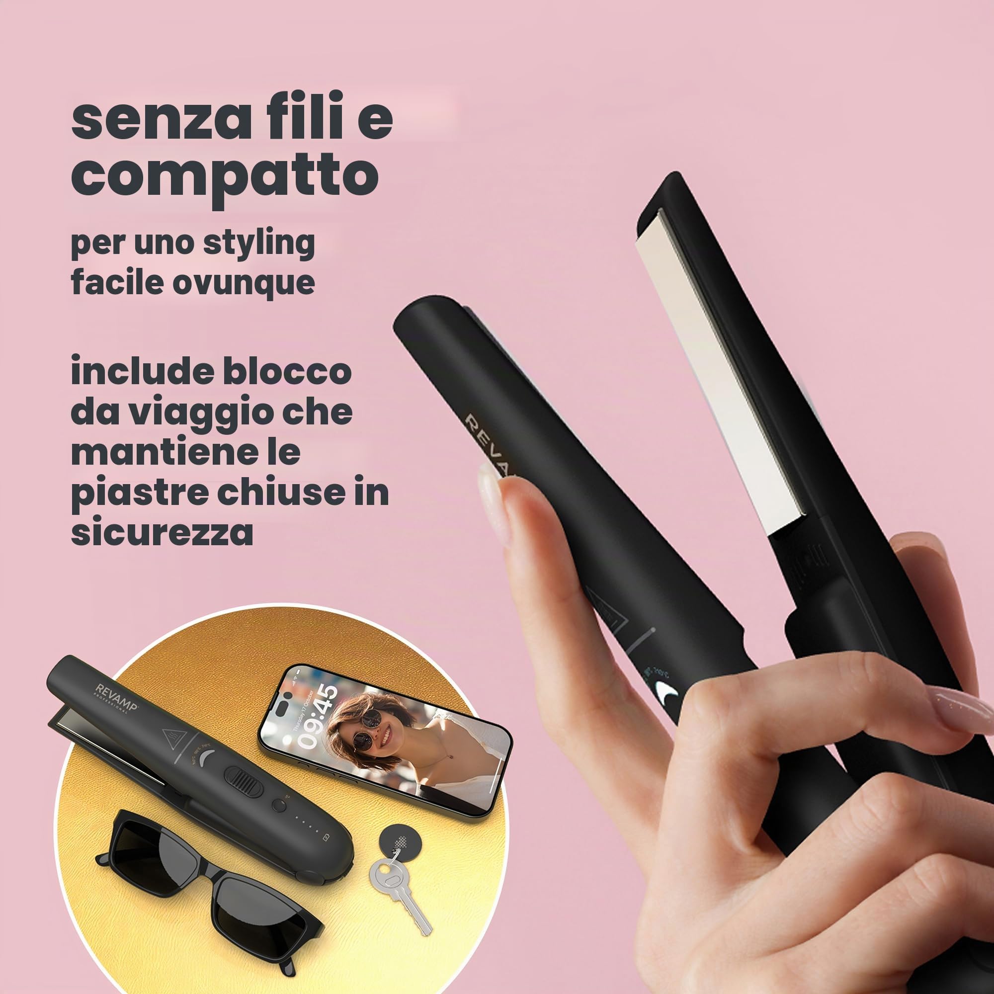 REVAMP Progloss Liberate Compact Piastra Senza Fili - Ceramica, Nero | Portatile, Tecnologia Ionica, Oli Liscianti, Anticrespo, 160-210 °C, Compatta