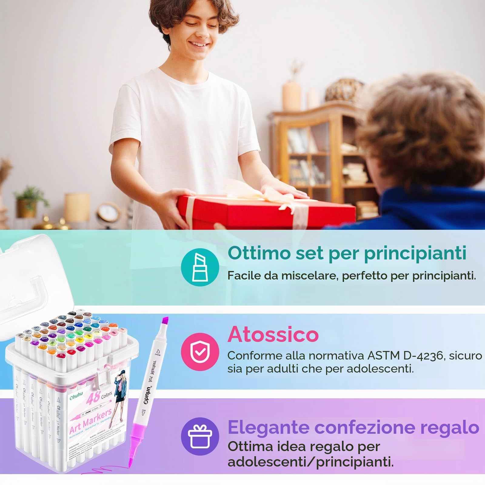Ohuhu markers, 47+1 colori Pennello e scalpello con doppia punta per pennarelli ad alcool Facile sfumatura per artisti principianti studenti Colorazione Schizzi Illustrazioni Anime e Manga