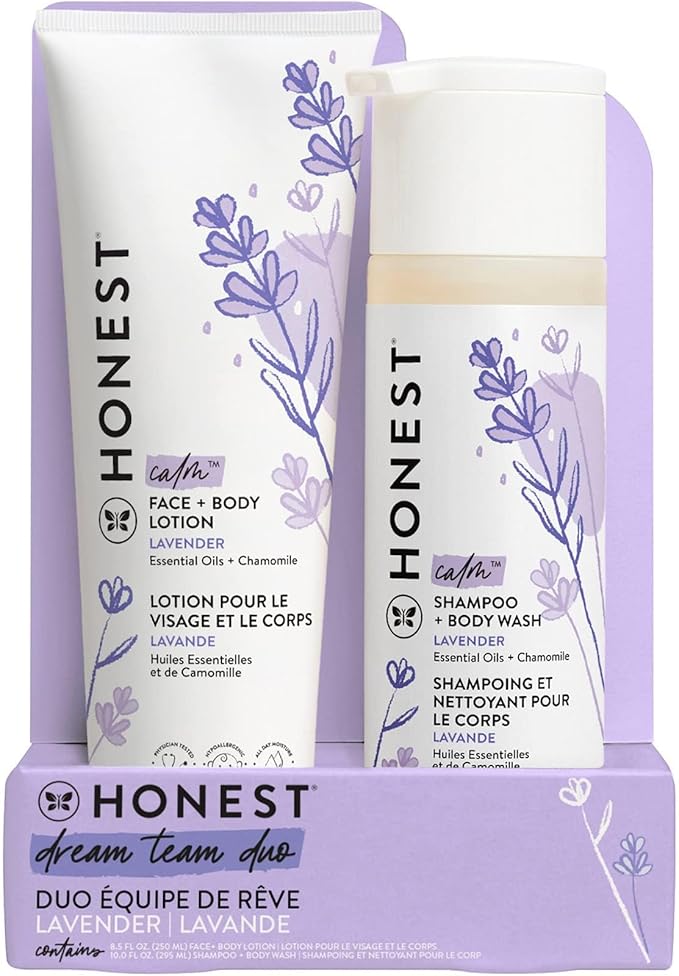 The Honest Company 2-in-1 Cleansing Shampoo and Body Wash and Face and Body Lotion Bundle Gentle for Baby Naturally Derived Lavender Calm 18.5 fl oz