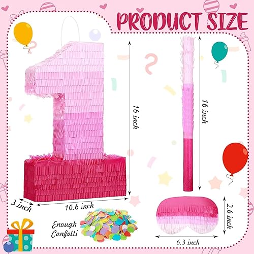 Miniatura 2 de Sratte Piñata con números de piñata rosa, decoraciones de cumpleaños, degradado con palo, confeti para niñas y niños, suministros de decoración de