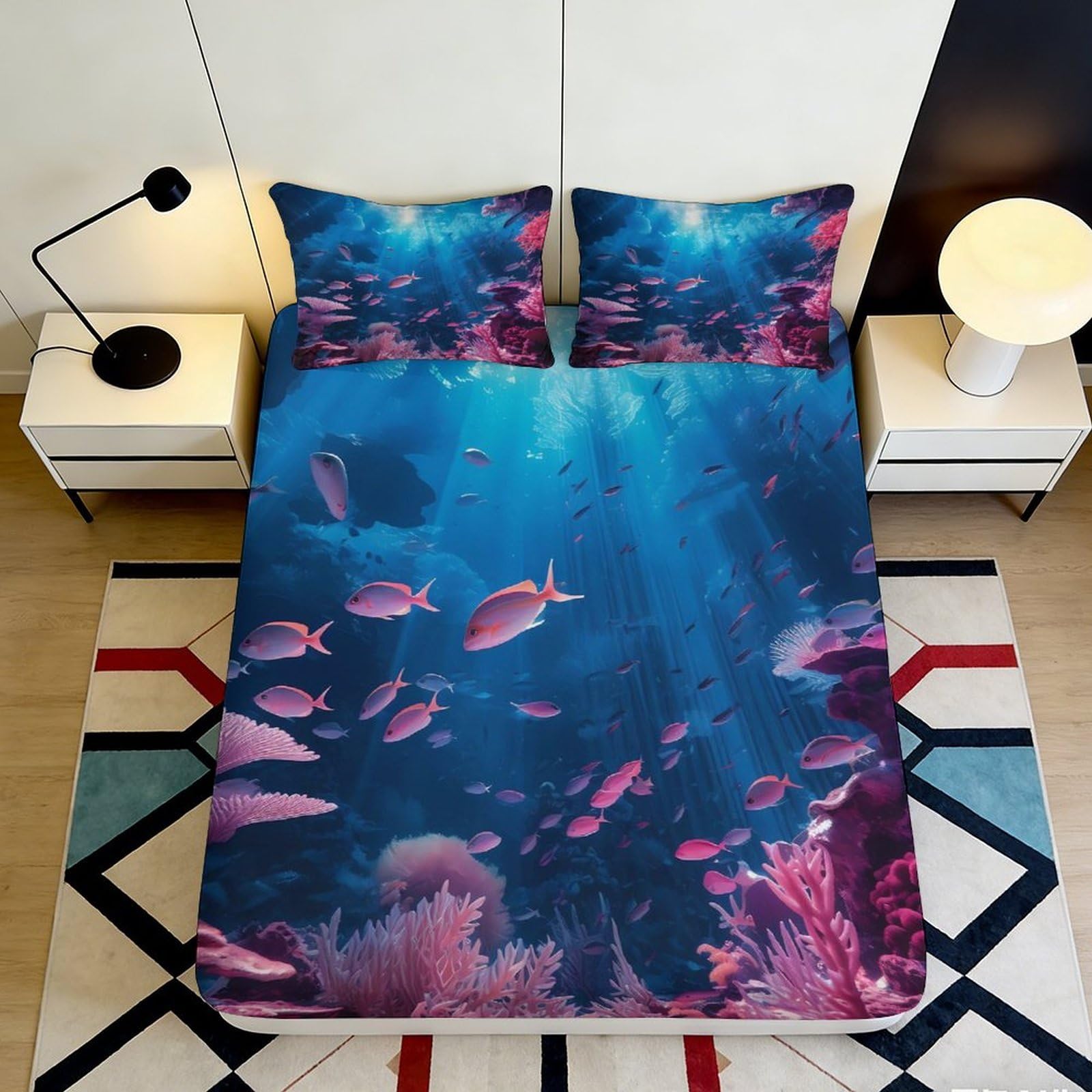 3D Printed Underwater Coral Reef Fitted Sheet Microfiber Anti-Slip Mattress Cover Ocean Fish Decor for Bedroom Home 140x200x25cm