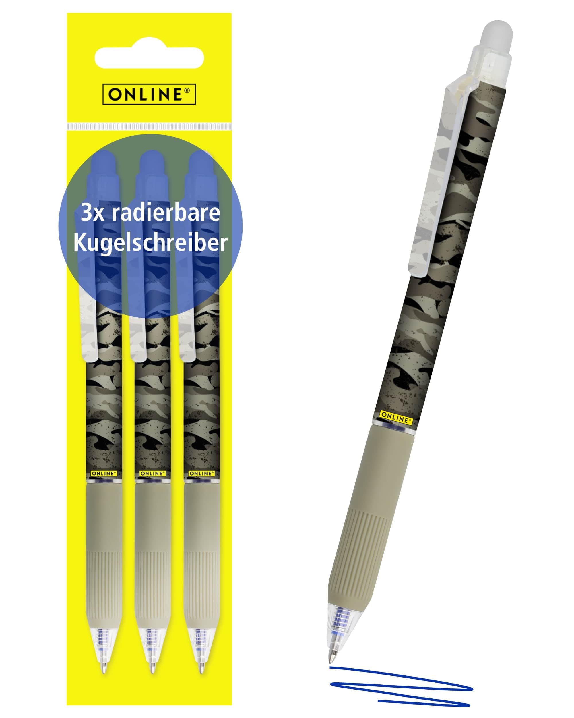 Online magiXX, 3x Radierstift Camouflage I Gelschreiber blau radierbar mit 0,7mm Strichstärke I Tintenroller zum Schreibenlernen, Büro I Erasable Pen Set I Radierbarer Kugelschreiber Schüler