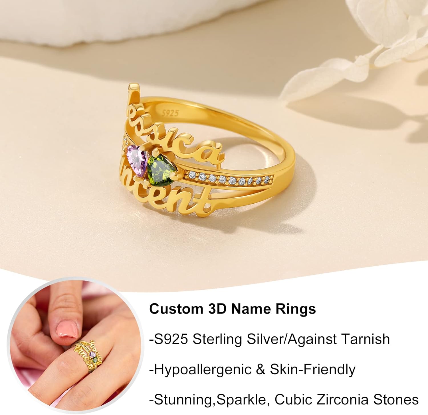 Custom4U Personalized Name Rings/Monogram Initial Ring Engraved,Gold Plated/Sterling Silver/Stainless Steel,Size Adjustable Custom Memorial Jewelry Birthday Mothers Day Gifts for Women