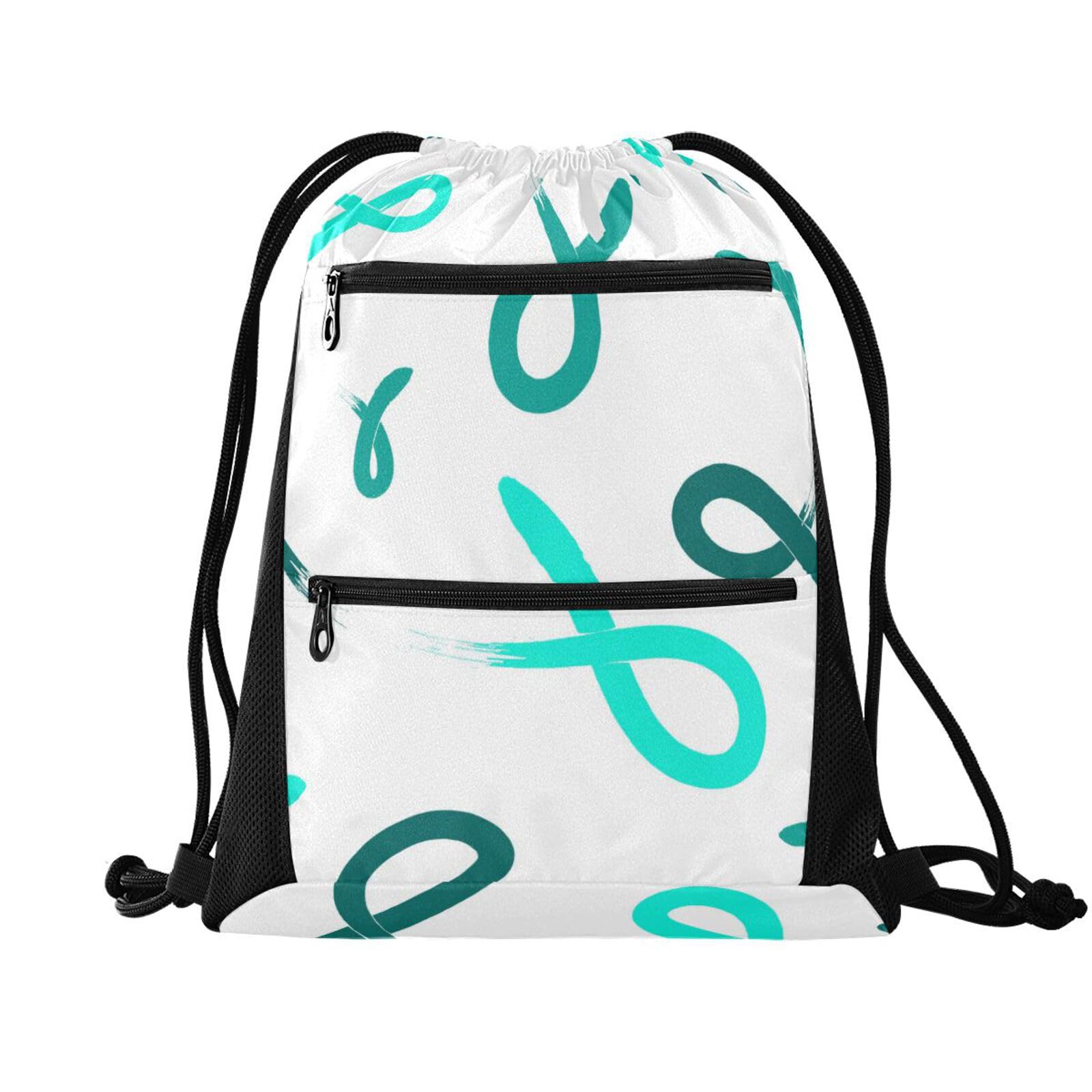 FRODOTGV Teal Ribbon Painted Ovarian Cancer String Bag Drawstring Backpack Outdoor Sackpack Swim Yoga Bag with Mesh Pockets — image 1