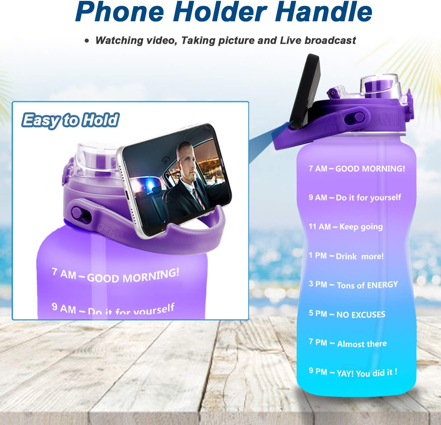 BuildLife Half Water Bottle BPA Free with Removeable Straw & Time Marker Wide Mouth Large Water Jug Reusable Leak-Proof(PurpleA-Blue, 64OZ)