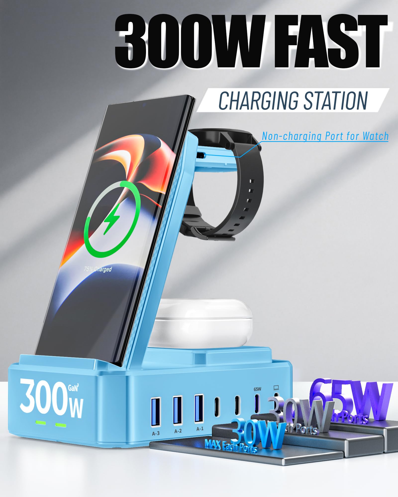 Chargeur sans fil 300 W pour Samsung, zutspzss Station de charge sans fil 10 en 1, support de charge rapide USB C 65 W pour Samsung S25 Ultra/S24/S23/S22/Z Fold, Galaxy Watch Ultra7/6/5, Galaxy Buds