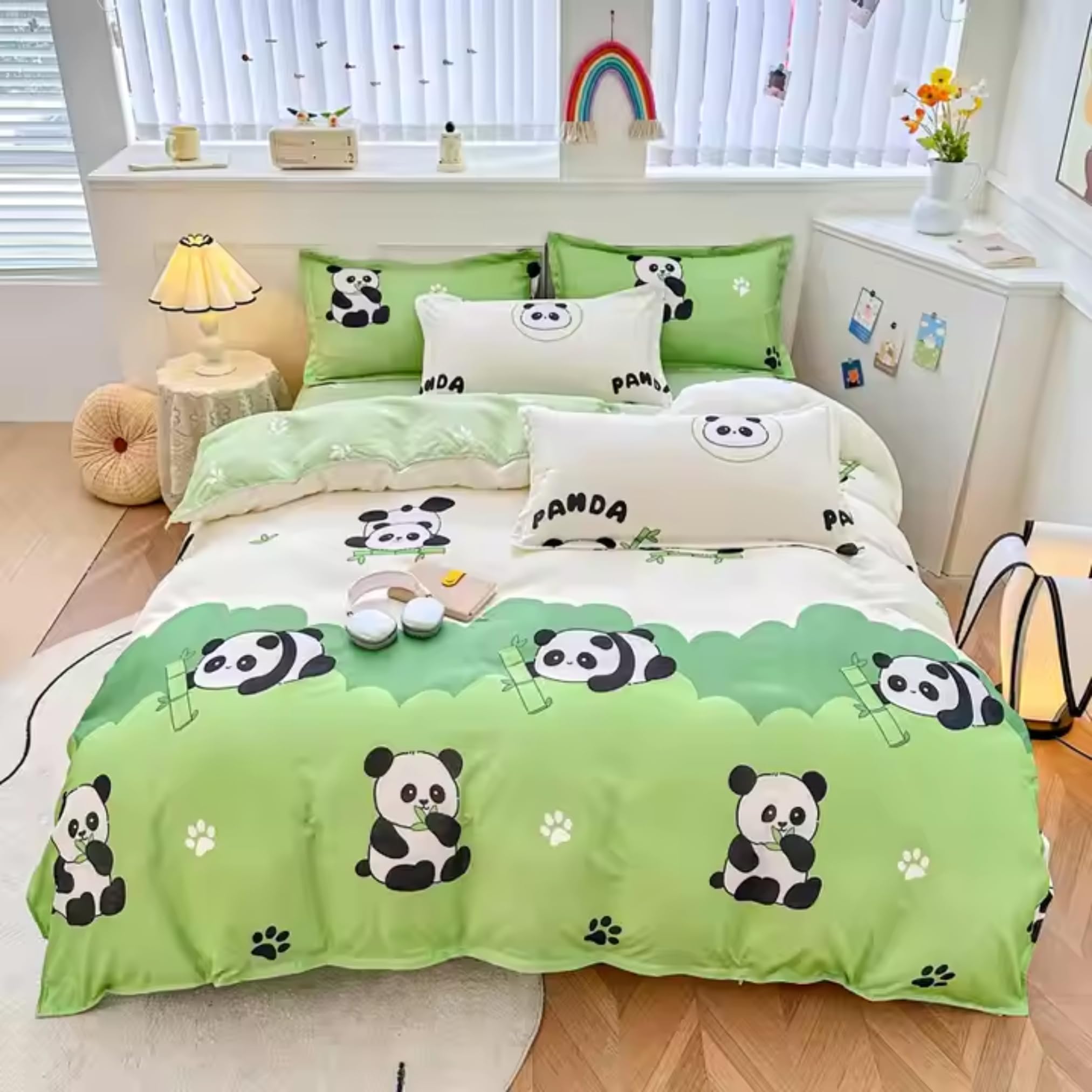 Famyo 4pc Bedding Set &Comforter - King Size 250 with Cover, Fitted Bedsheet, 2 Pillow Covers, 150 GSM Reversible AC Blanket/Dohar/Quilt for Kids Duvet Bedding Set (Green Panda & Bamboo)-image-32