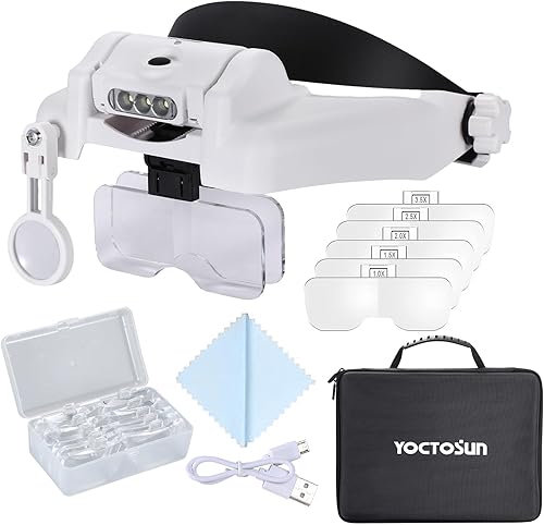 YOCTOSUN Lupa con luz 1X-14X, lupa LED recargable con 6 lentes y estuche de almacenamiento, visera de aumento manos libres para trabajo cercano,