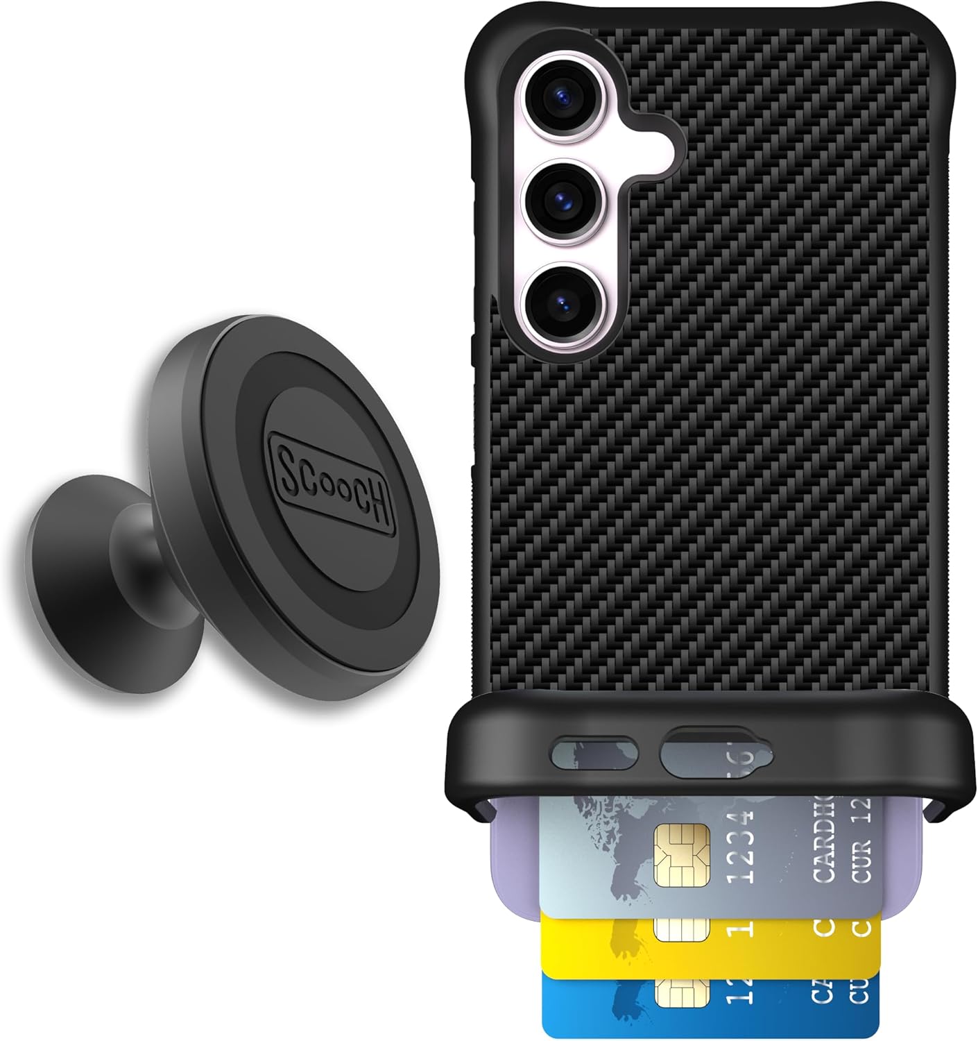 Scooch for Samsung Galaxy S25 Case with Card Holder, Wingmate Wallet Case with Hidden Card Slot and RFID Protection for 4 Cards, Starter Bundle with Wingmount, Carbon Fiber