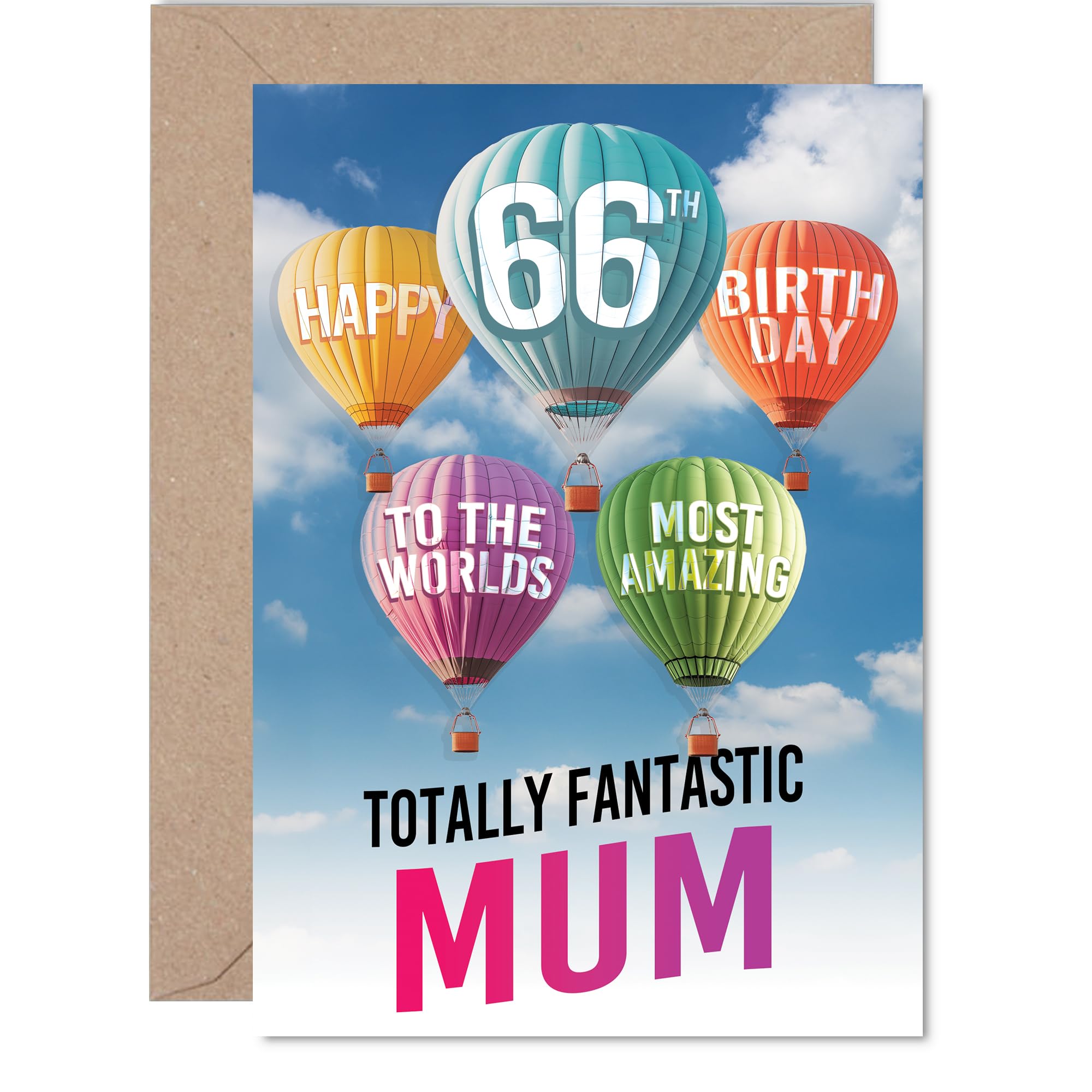 Mum 66th Birthday Card - Most Amazing Hot Air Balloon - Happy Birthday Card for 66 Year Old Mum from Son Daughter, A5 Balloons Stars Bday Greeting Cards