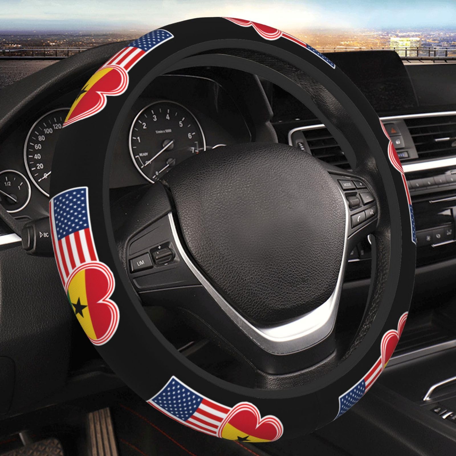 USA American and Ghana Ghanaian Flag Steering Wheel Cover for Men Women Anti-Slip Elastic Thickened Steering Wheel Cover Universal Fit 15 Inch