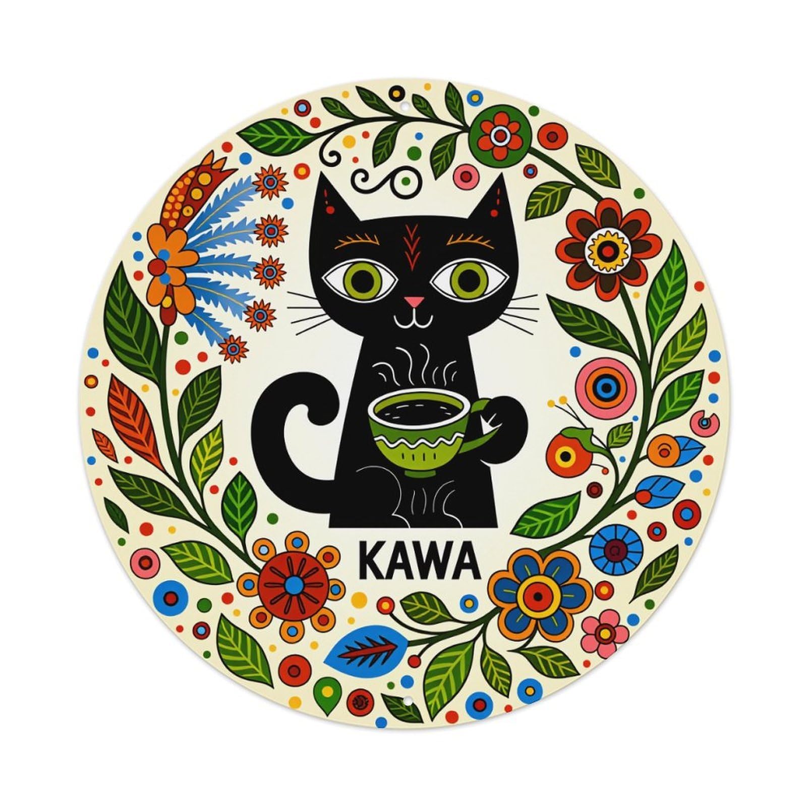 Black Cat Holding Tea Cup Floral Pattern Round Tin Sign Vintage Style Metal Sign Home Bar Garden Wall Plaque Decor Metal Poster 8x8 Inch
