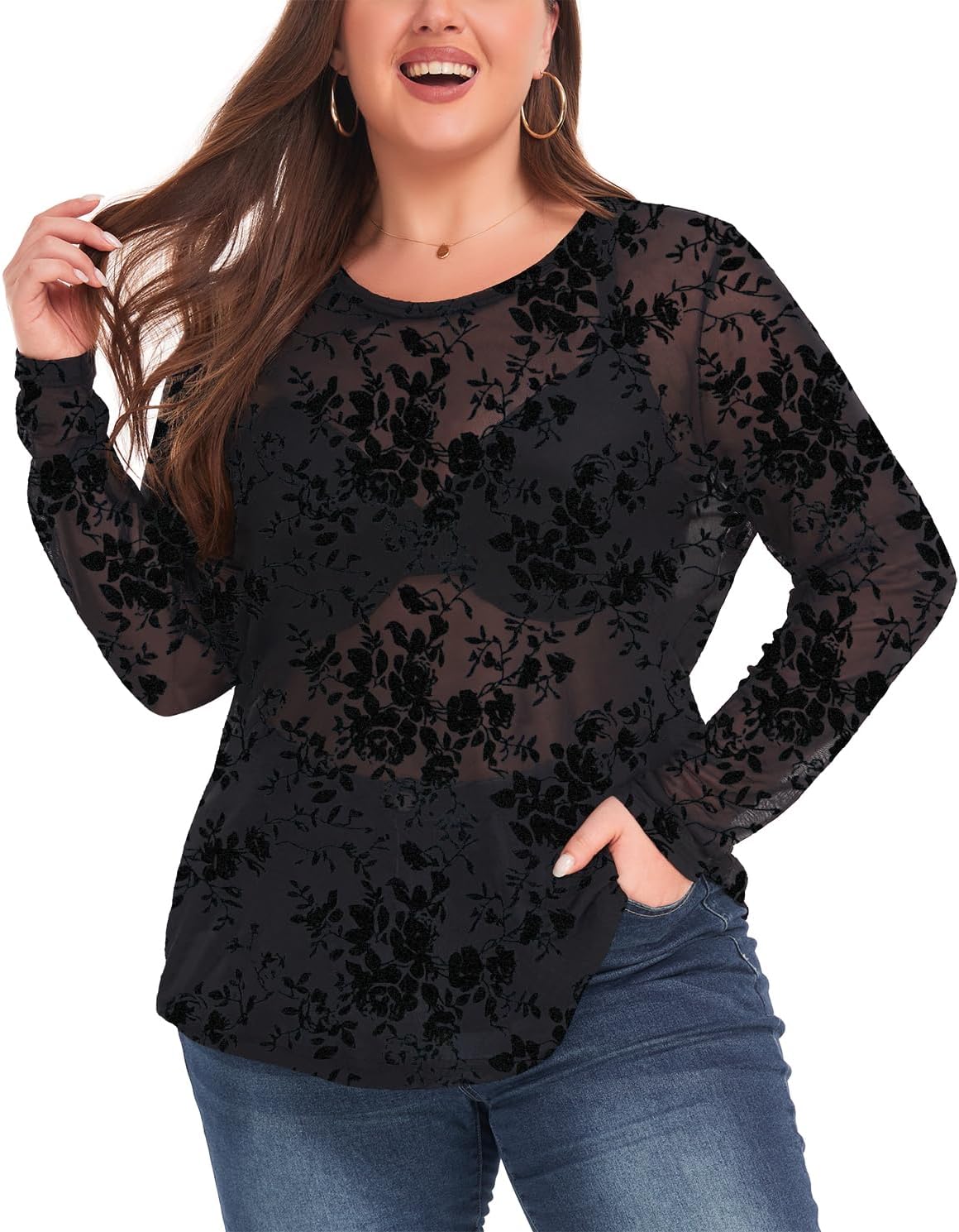 Women's Plus Size See Through Mesh Sheer Shirt Long Sleeve Tops Blouse - Image 2
