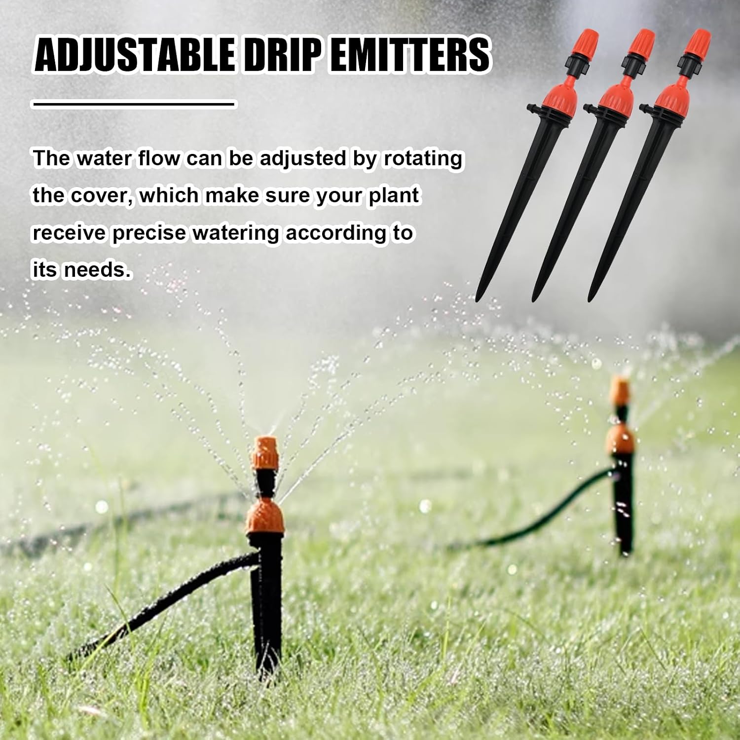 1/4" Drip Irrigation Emitters, 360 Degree Drip Sprinkler Heads, 25 Pack, Plastic, Medium Size, Micro-sprinkler Style, Barbed Fit, Locking Mechanism, Clogging Resistance