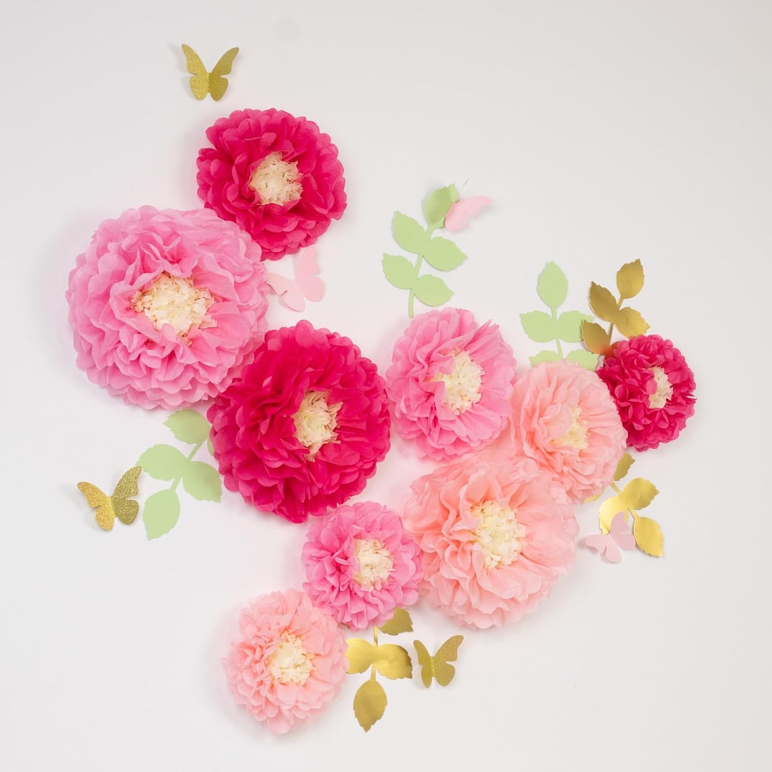 Efavormart 21pc Blush and Peach 3D Paper Flower Wall Decor Kit - Warm Boho Floral Backdrop with Butterflies and Gilded Leaves for Weddings and Showers