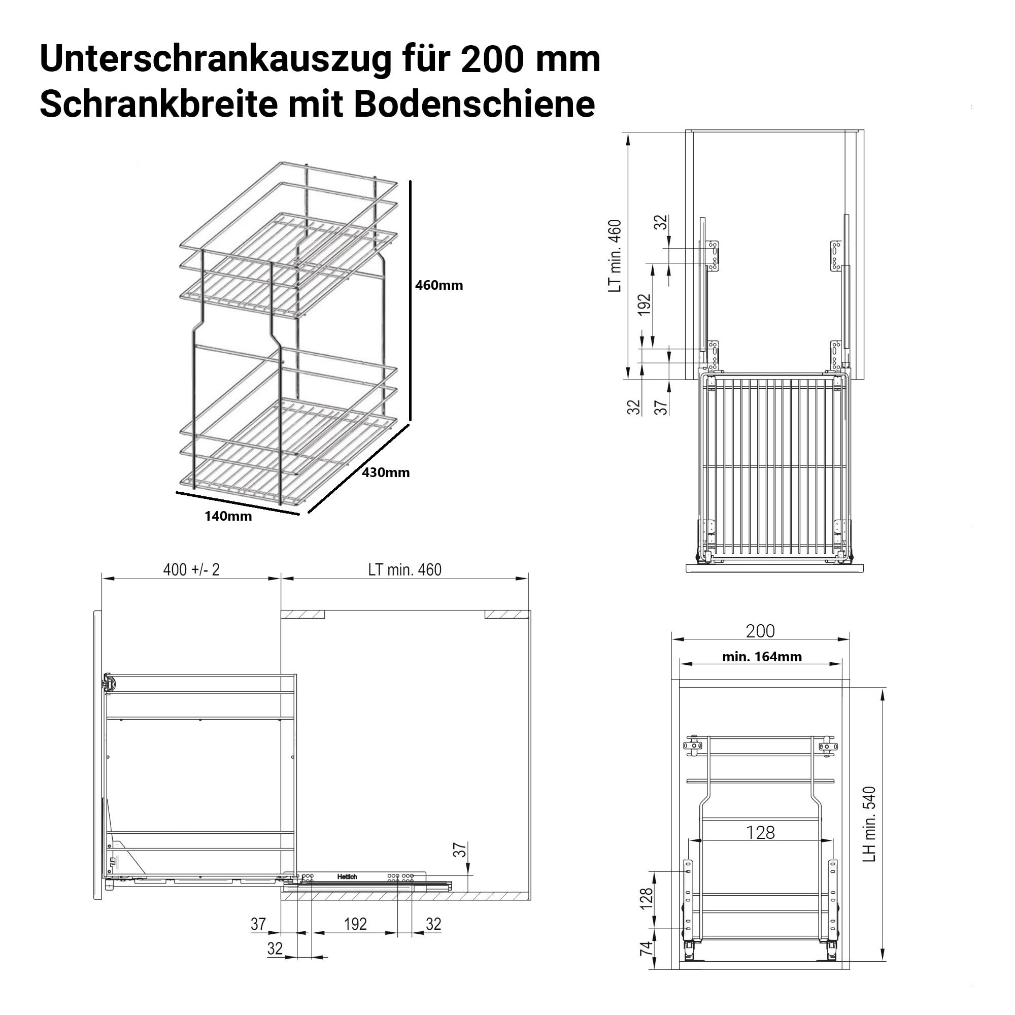 Unterschrankauszug Auszugsunterschrank Schrankauszug mit Softclose Küchenauszug 2 Etage Vollauszug Bodenmontage Antrazit (Möbel 200mm)