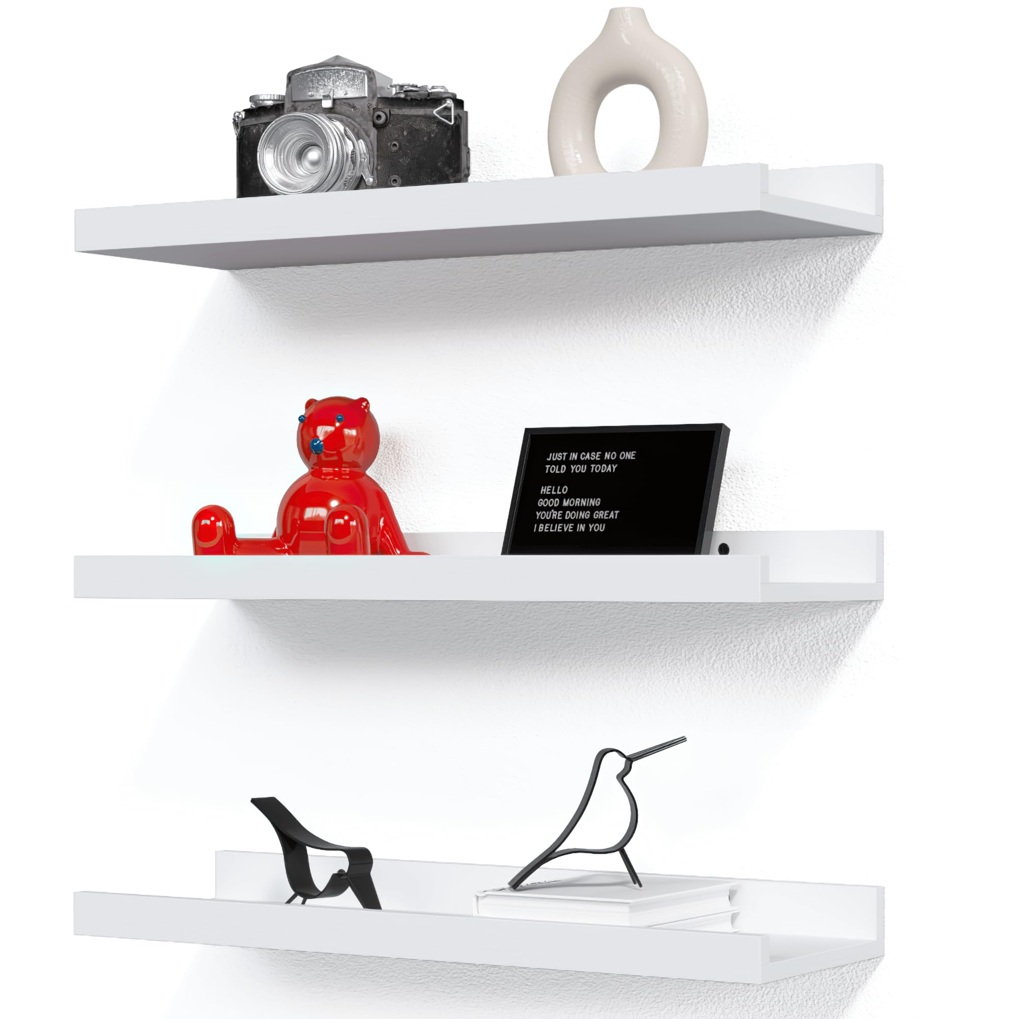 RICHER HOUSE 3 Set White Floating Shelves, 16 inches Wall Mounted White Shelves for Wall Decor, Picture Ledge Shelf with Lip for Storage Nursery, Bedroom, Living Room, Bathroom - White