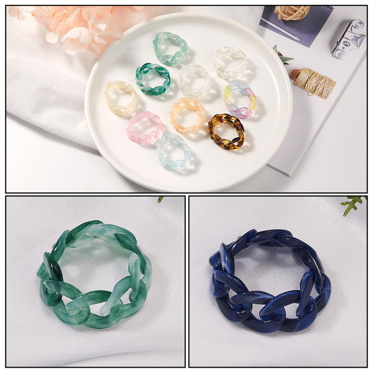 Cabilock Bague Chaine en Résine Créative Forme Chaîne, Pack de 6 Pièces, Bague de Main Unique pour Décoration Quotidienne et Accessoires Bijoux Artisanaux Couleur Aléatoire