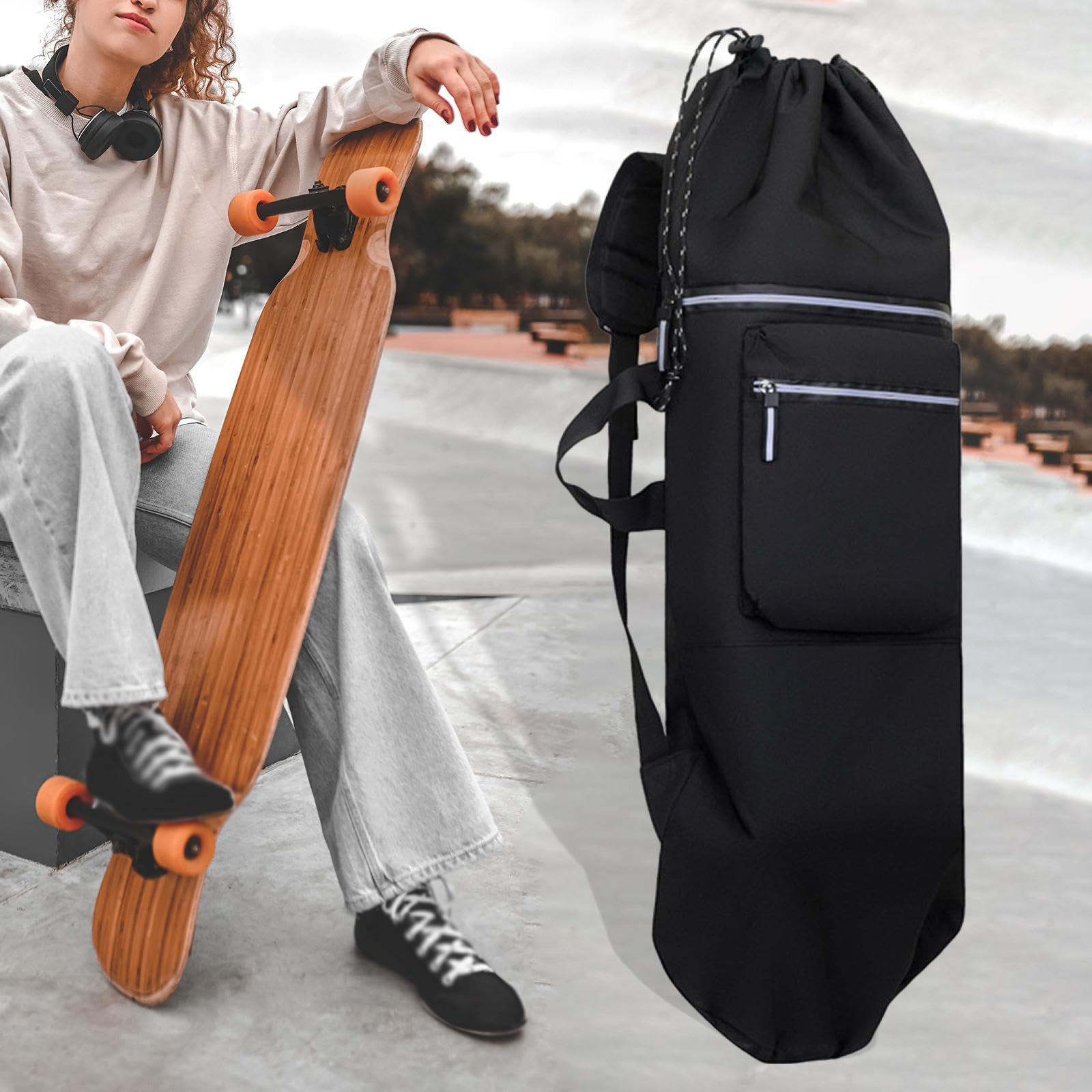 B Baosity Sac à Dos Skateboard Grande Capacité avec Fermeture à Cordon Bandoulière Réglable en Tissu Oxford Imperméable Rangement Polyvalent pour Les Activités