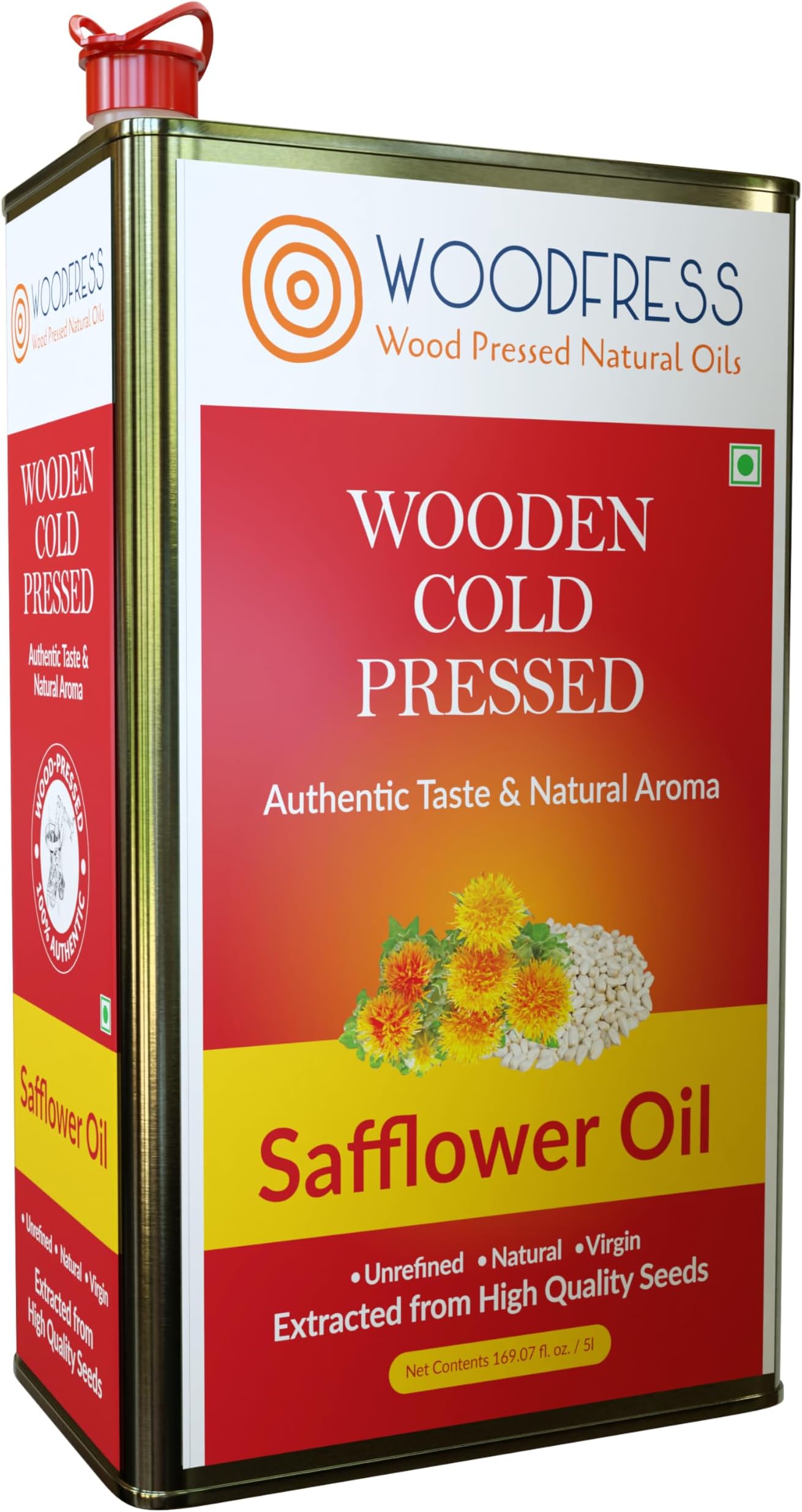 - WOODFRESS Cold Pressed Safflower Oil 5 Litre, Freshly Hulled, 25kg Seeds for 5L Pure Woodpress Oil, Wood Pressed Kardai/Kardi Tel (Lakdi Ghani/Marachekku) for Healthy Cooking, Metal Tin 5L