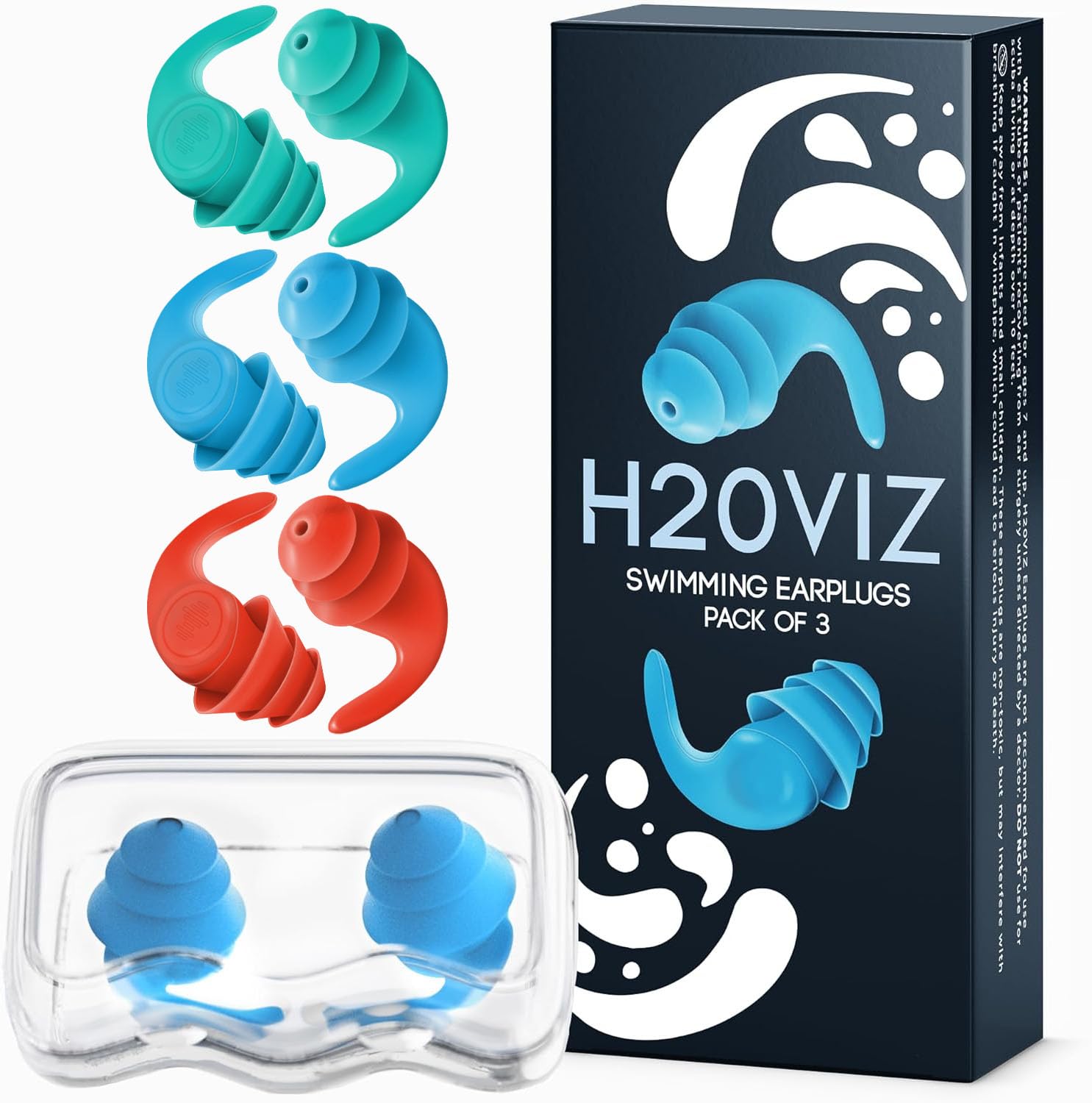 H20VIZ Pro Swim Ear Plugs | 3 Pairs | Waterproof, Reusable Silicone Earplugs for Swimming, Surfing, Snorkeling & All Water Sports (Green, Blue, Coral, 3 Pairs)