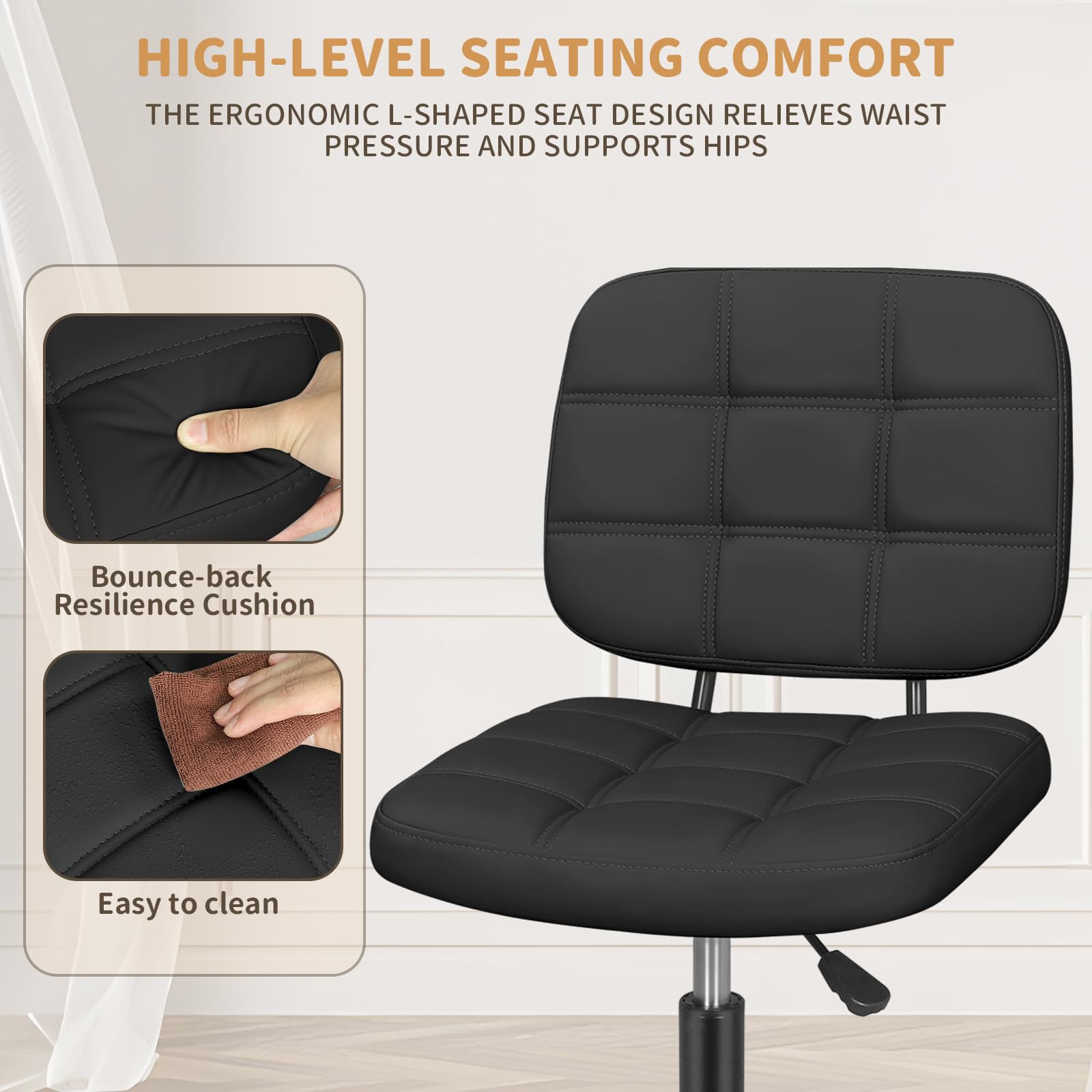 Leader Accessories Schreibtischstuhl höhenverstellbarer Bürostuhl ergonomischer Drehstuhl ohne Armlehnen Home Office Stuhl mit mittleren Rückenlehne Bürodrehstuhl Belastbarkeit bis 120KG Schwarz