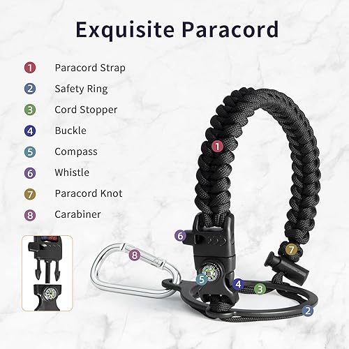 Miniatura 4 de Trebo Botella de agua de 24 onzas aislada con tapa y popote, vaso de metal de acero inoxidable de doble pared al vacío con mango de paracaídas,