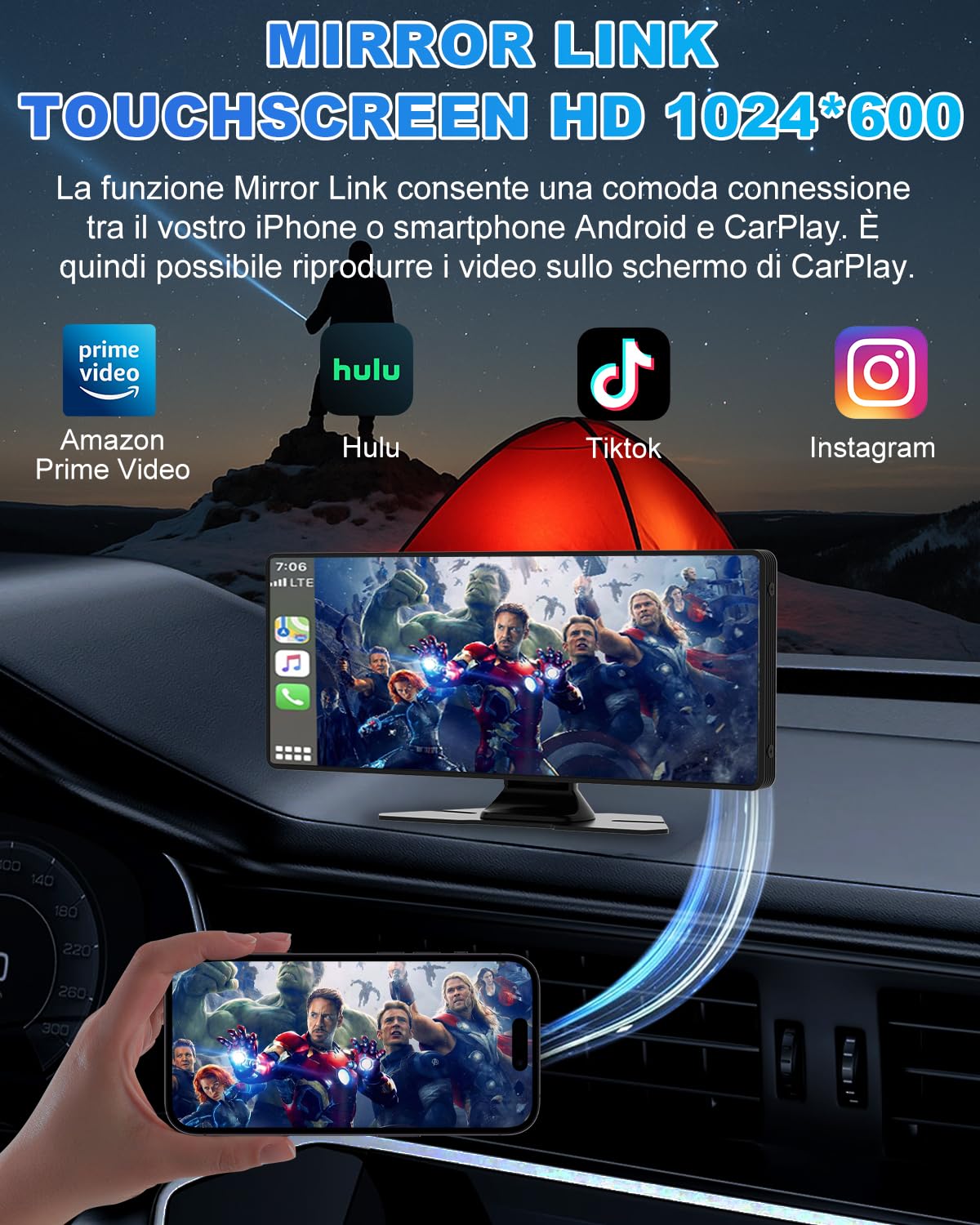 Carplay Auto, 10.26" Android Auto Wireless, Autoradio Bluetooth con Schermo con 1080P Telecamera Posteriore e Anteriore, Navigazione GPS, Audio Premium, Comando Vocale, Accendisigaro a Doppia Porta