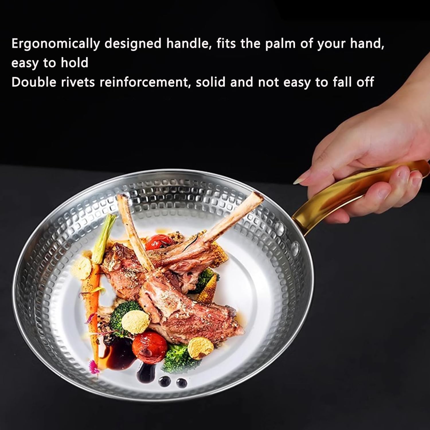 Hammered Stainless Steel Round Tray with Handle - 6 Sizes Serving Display Platter Dish Bowl Paella Pan Seafood Steak Plate Baking Sheet for Outdoors, Camping, Restaurants, and More (18CM,Gold)