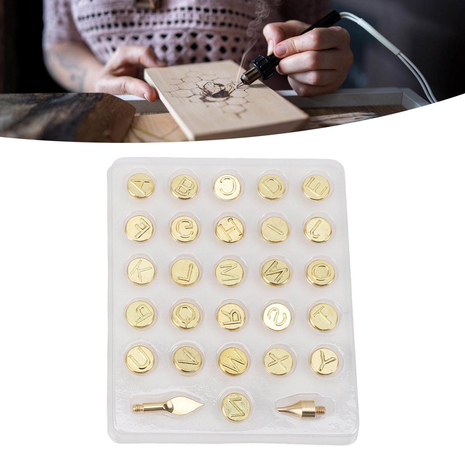 Jeanoko 1 Set of 26 Letters Burning Tip, Brass Alphabet Carving Tip Set, Wood Branding Personalization Tool for Crafts and Pyrography Projects,Alphabet Branding Letters Tip