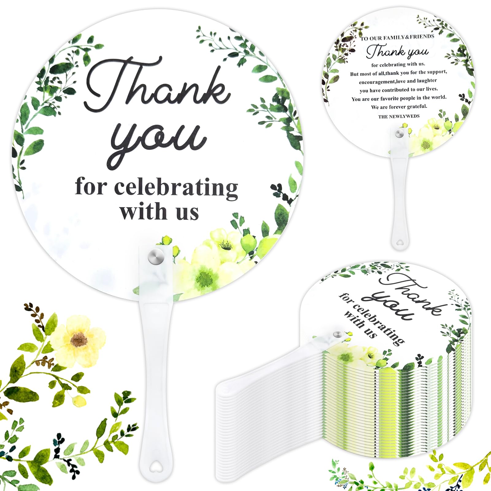 FunYat 50pcs Hand Fans - Wedding Thank You Guest Gift with Handle for Bridal Party Decoration