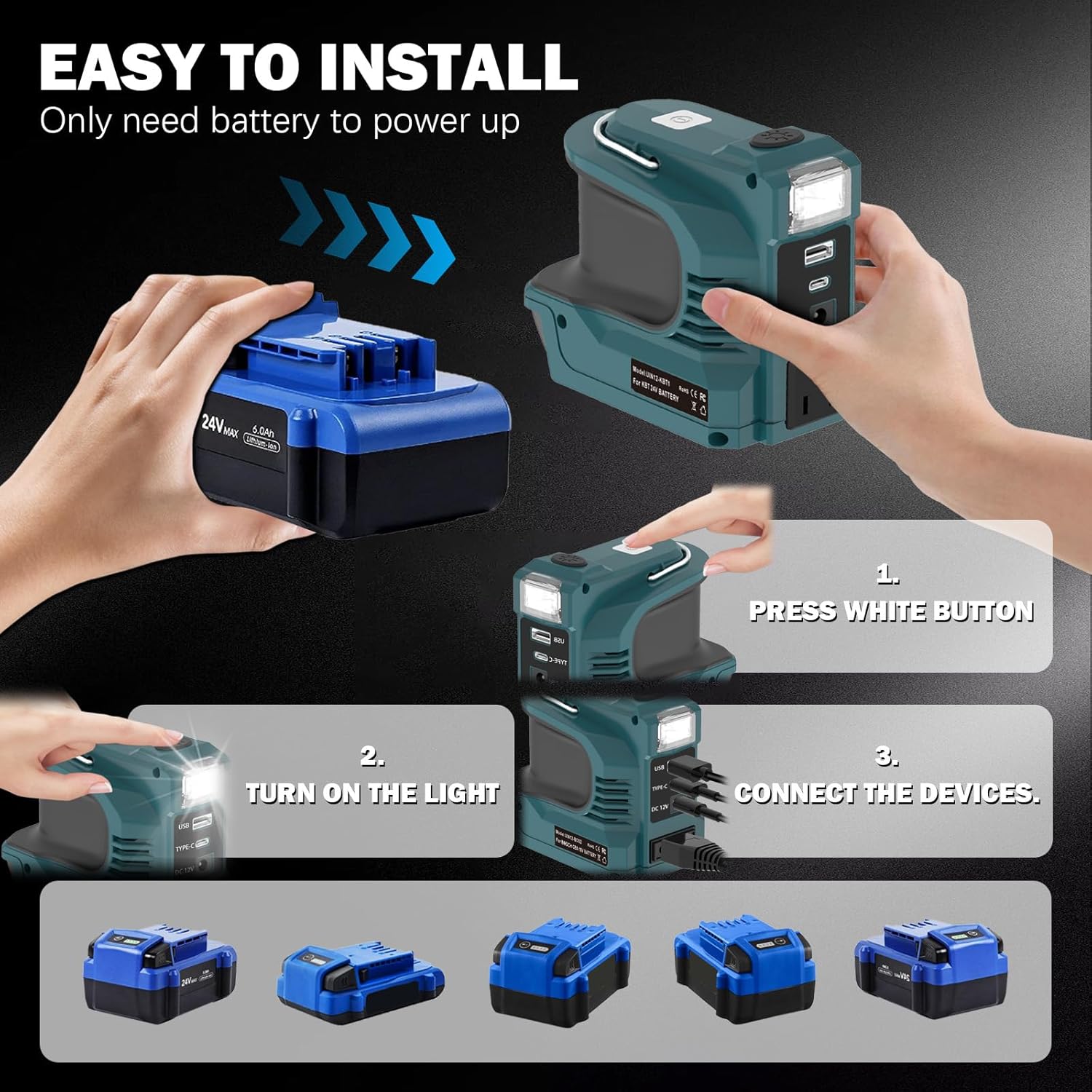 220W Power Inverter for Kobalt 24V Battery, DC 24V to AC 110-120V Battery Inverter, Charger Adapter w/USB&Type-C&DC Port&AC Outlet&LED Light