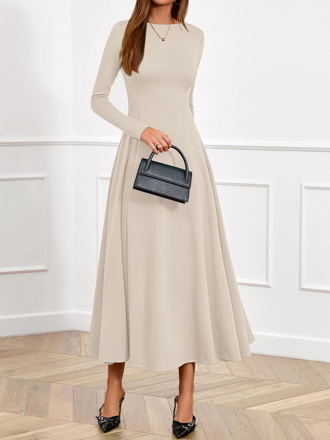 BTFBM Spring Dresses for Women 2026 Trendy Boat Neck Long Sleeve A Line Flowy Knit Loose Casual Elegant Party Maxi Dress - Image 2