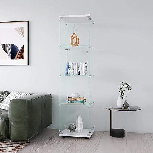 Vitrina de cristal con 4 estantes con puerta de pie, estantería de pie Colección Curio, vitrina de vidrio para oficina en casa, color blanco
