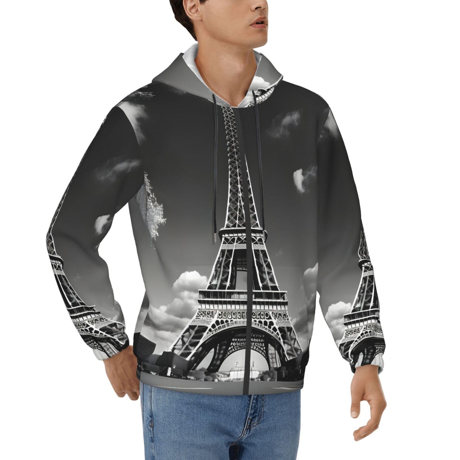 Sweat à capuche doux imprimé Paris Tour Eiffel pull homme style décontracté - 8