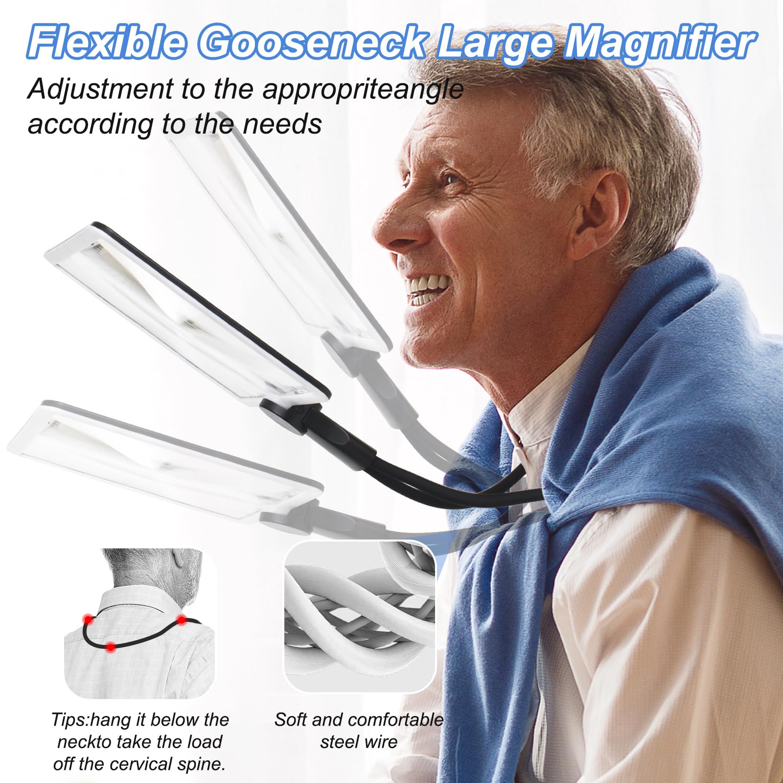 Lupa manos libres con luz, lupa de página completa para leer, 50 LED ultrabrillantes, lupa grande con luz con cuello de cisne flexible, lupas de lectura recargables para personas mayores